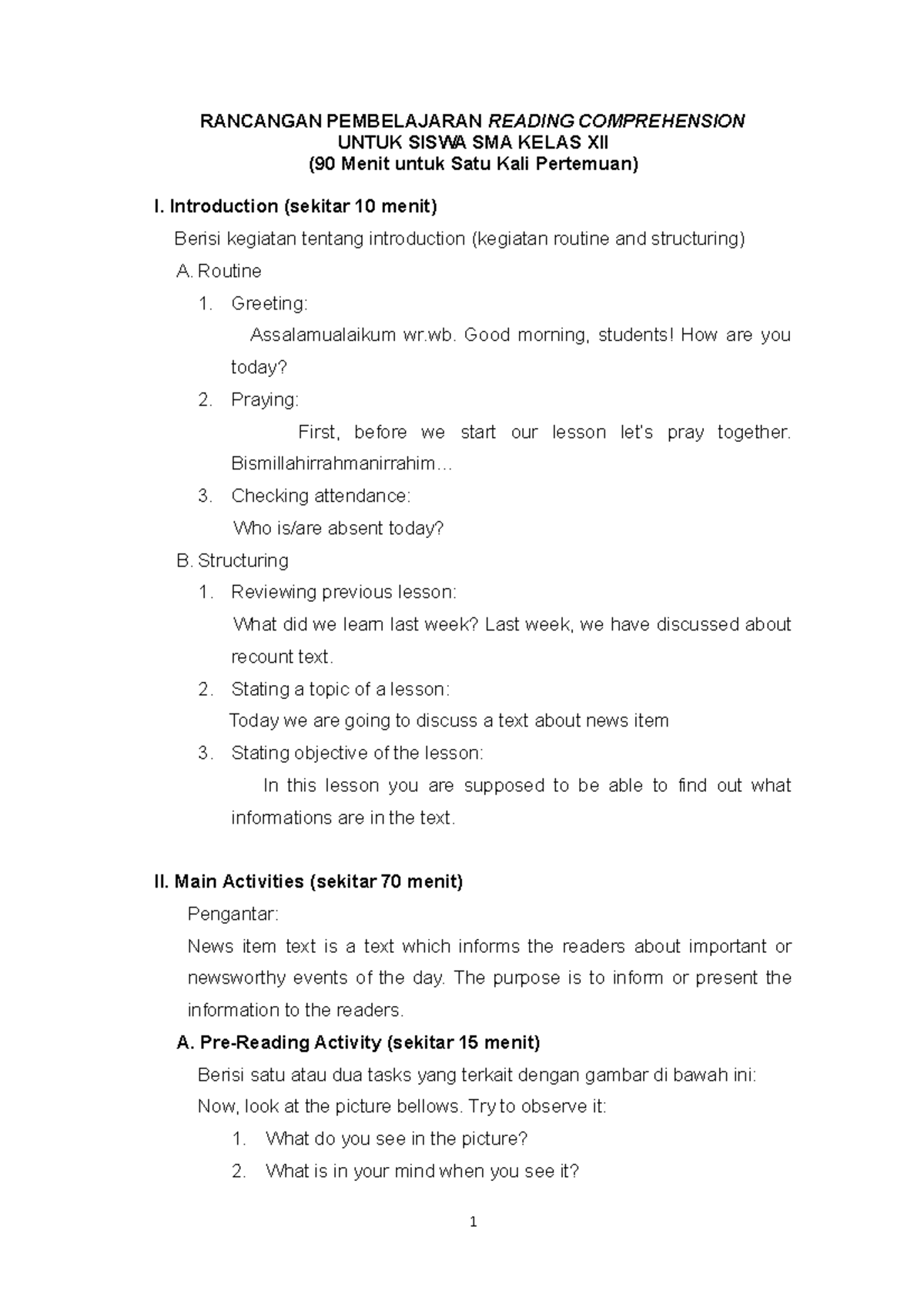 Learning Plan Reading Comprehension Example 9 - RANCANGAN PEMBELAJARAN ...