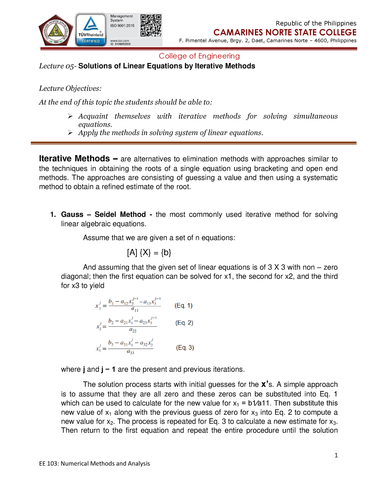 Lecture 5 Solutions Of Linear Equations By Iterative Methods - 1 ...