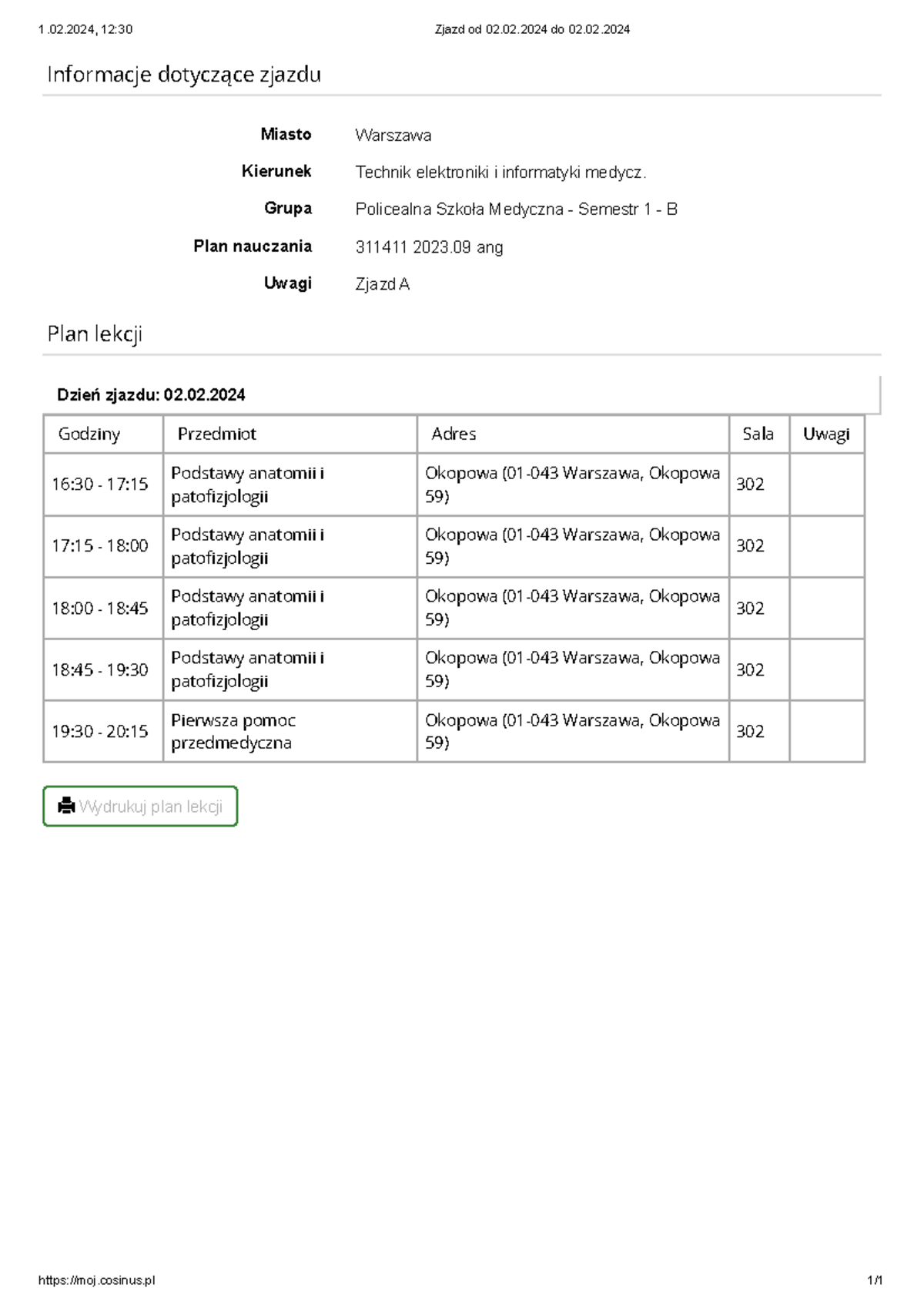Plan lekcji cosinus luty 02 - 1.02, 12:30 Zjazd od 02.02 do 02. moj