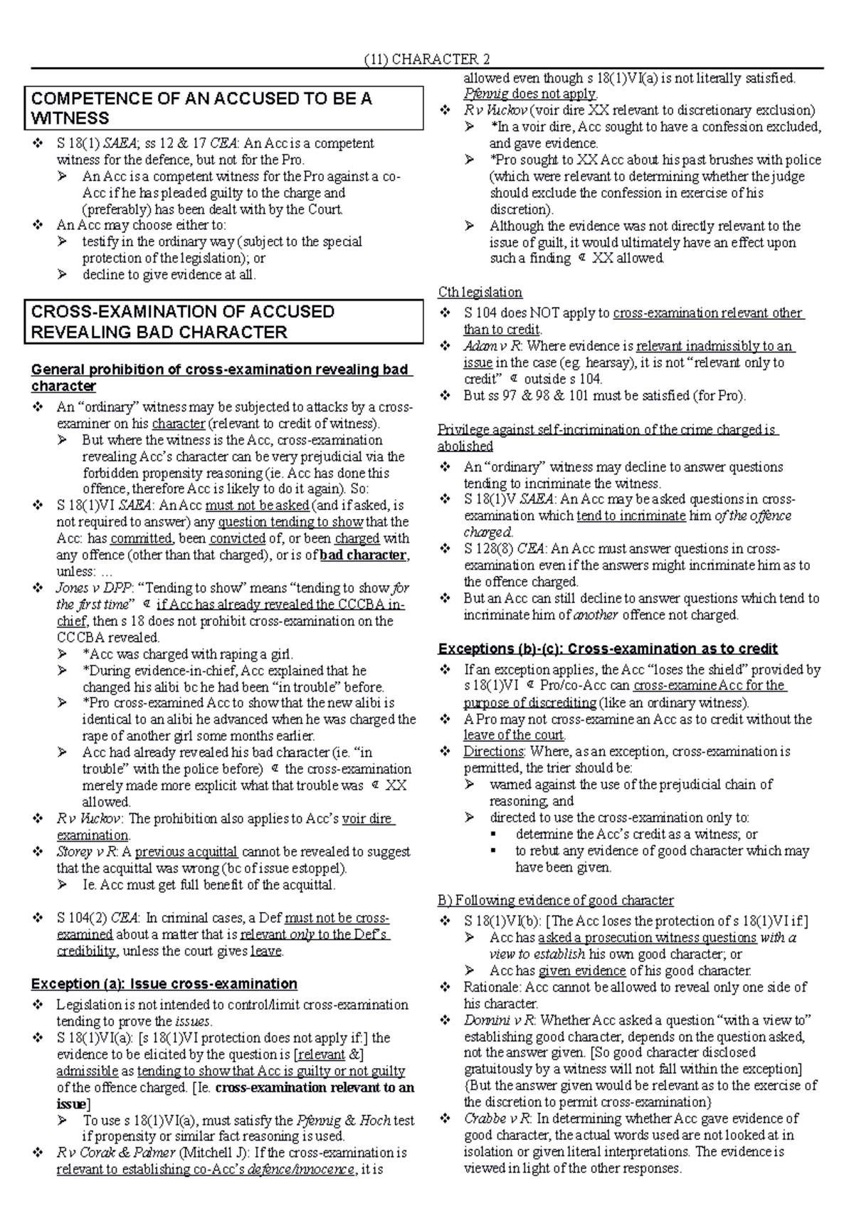 Evidence Notes 11 - COMPETENCE OF AN ACCUSED TO BE A WITNESS S 18(1 ...