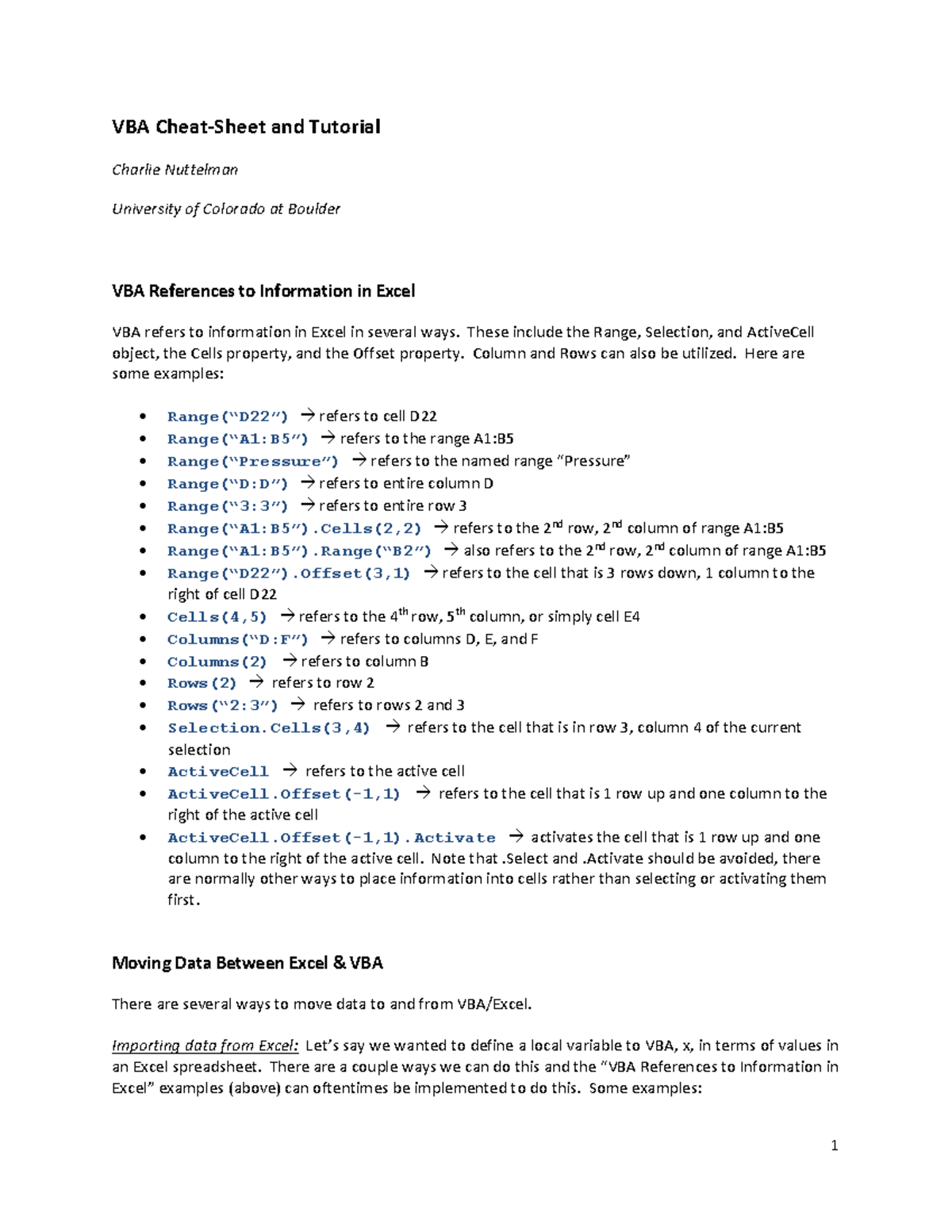 VBA-Tutorial for beginners - VBA Cheat-Sheet and Tutorial Charlie ...