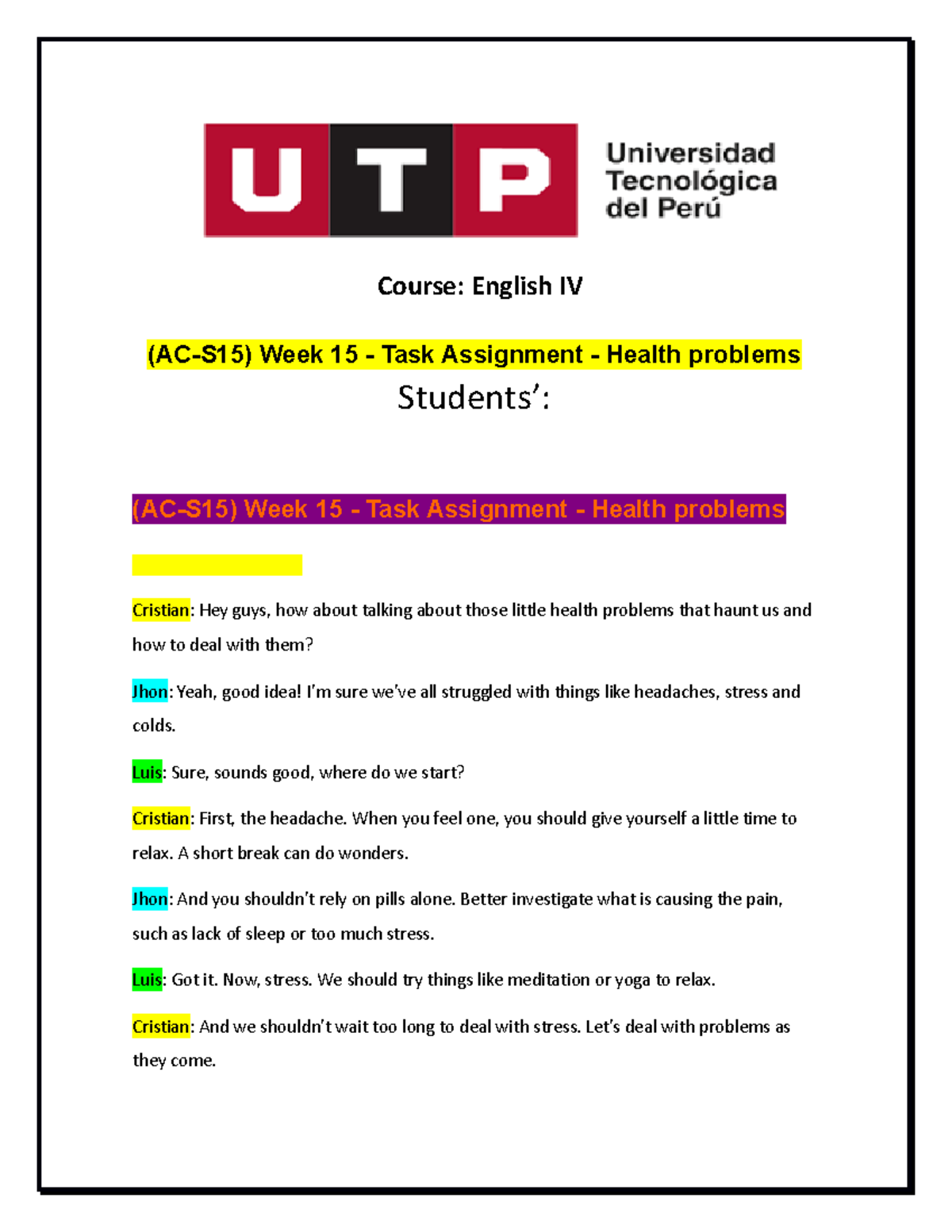 week 15 task assignment health problems