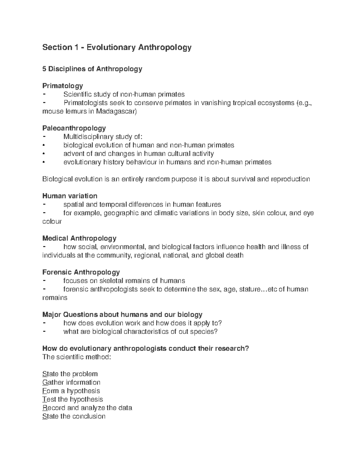 Section 1 - Anthropology notes - Section 1 - Evolutionary Anthropology ...