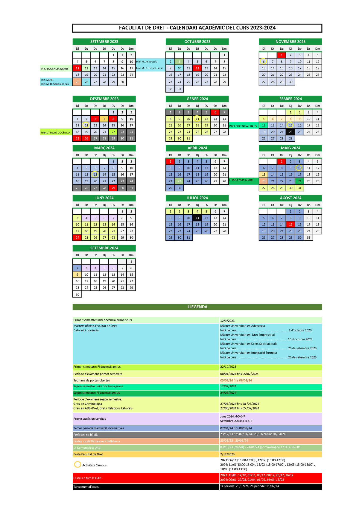 Calendari academic 2023 2024 Dl Dt Dc Dj Dv Ds Dm Dl Dt Dc Dj Dv Ds