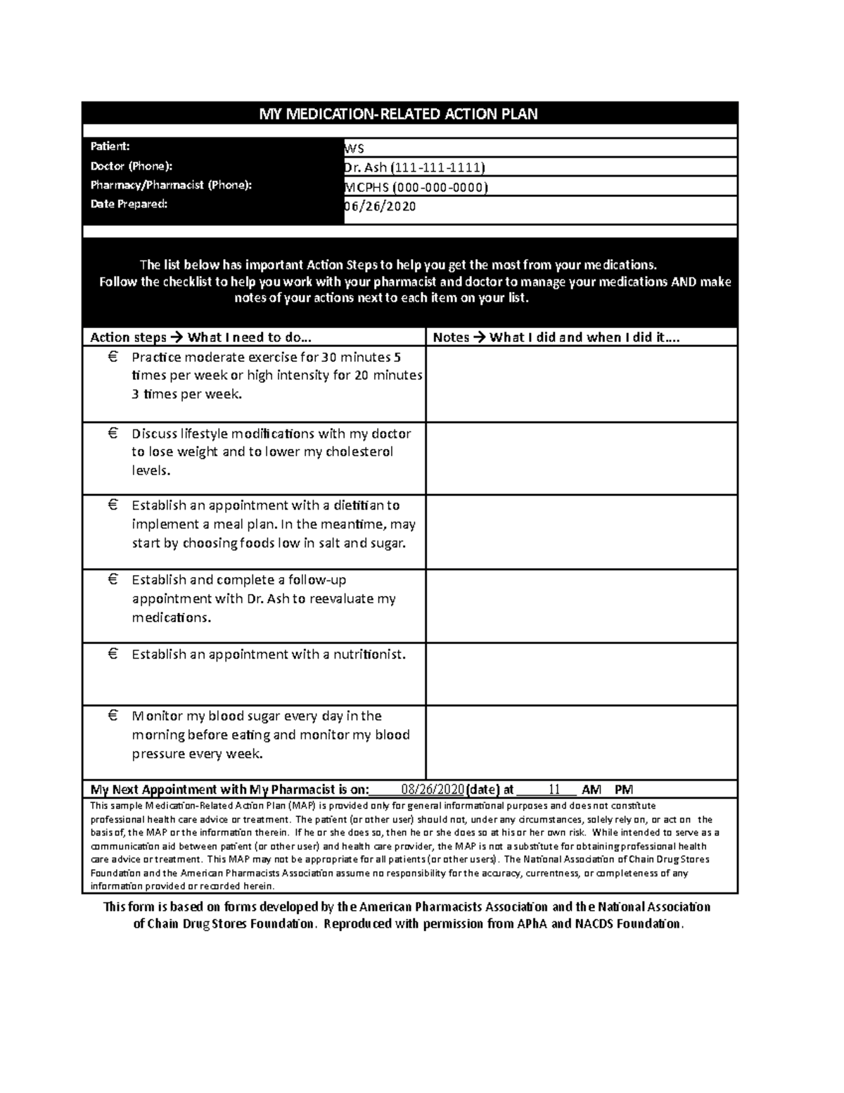 My Medication Related Action Plan My Medication‐related Action Plan Patient Ws Doctor Phone 0086