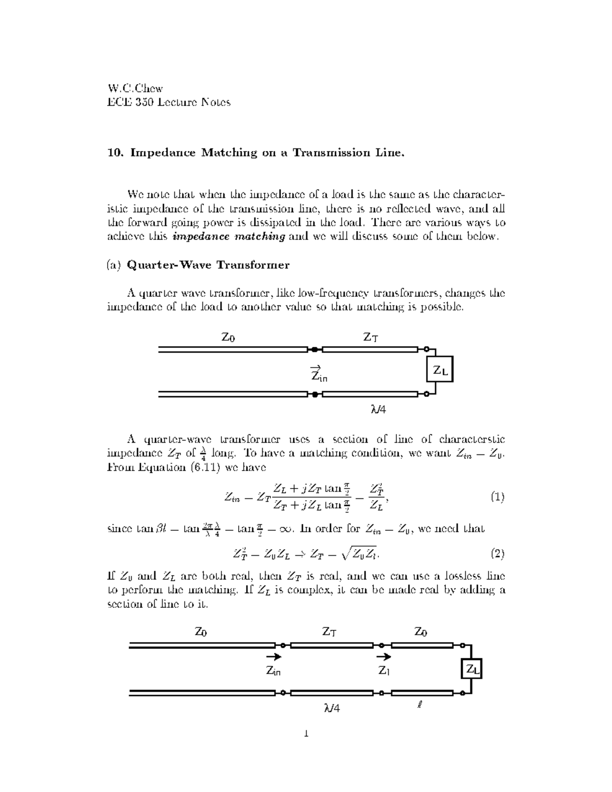 2019-2020 Lecture 10 - W C Chew ECE Lecture Notes Imp edance Matching ...