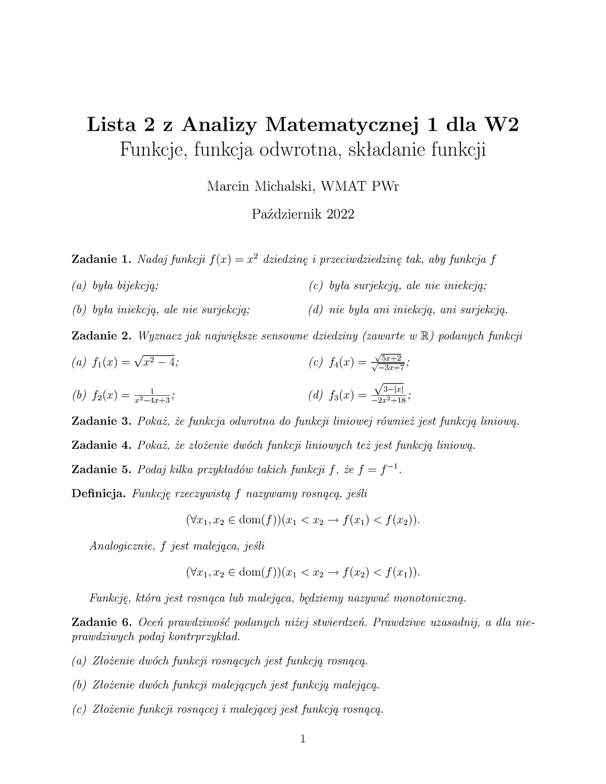 Lista 2 List Lista 2 Z Analizy Matematycznej 1 Dla W Funkcje Funkcja Odwrotna Składanie 6291