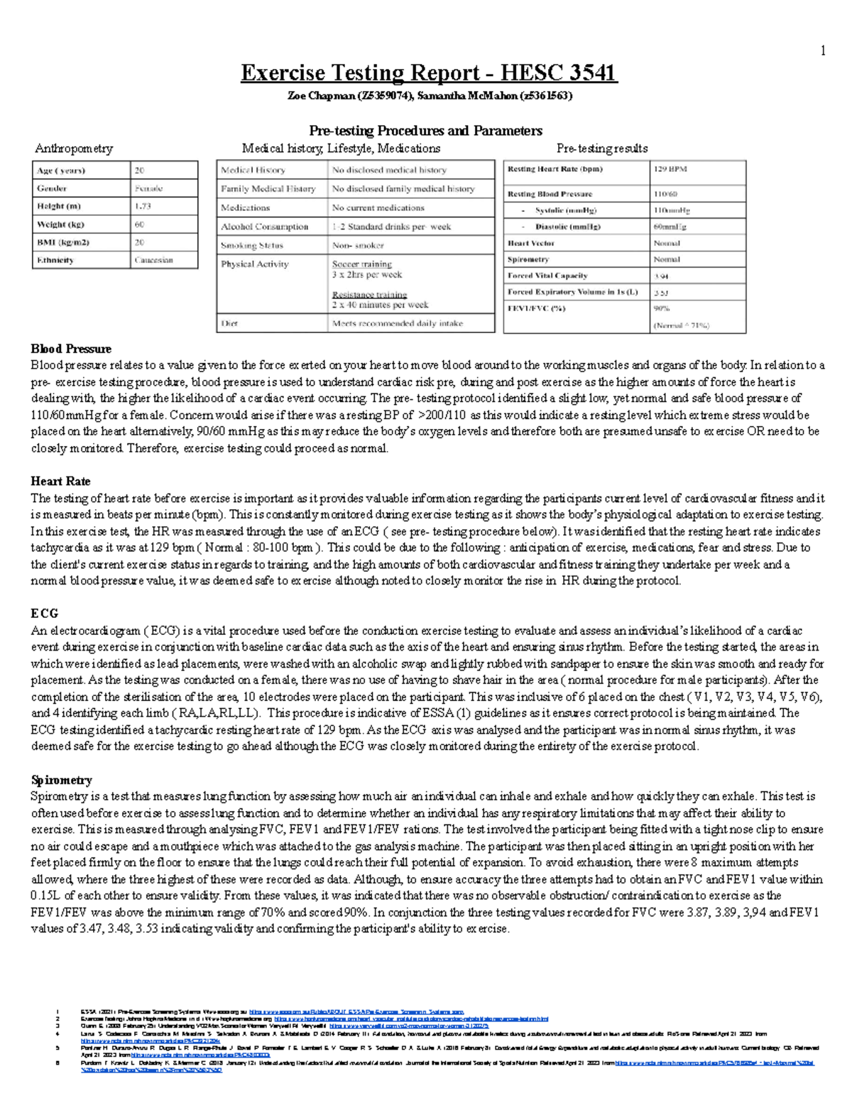 Lab report - Exercise Testing Report - HESC 3541 Zoe Chapman (Z5359074 ...