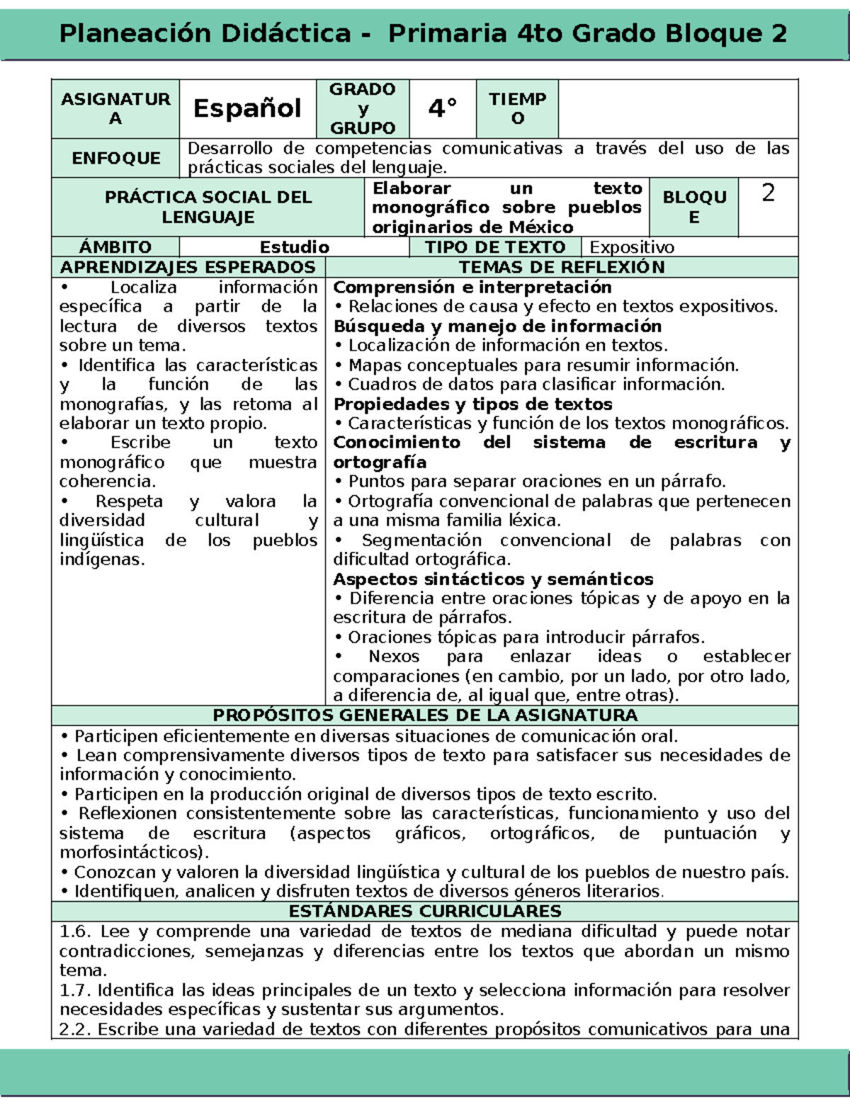01 Plan 4to Grado - Bloque 2 - ASIGNATUR A Español GRADO y GRUPO 4 ...
