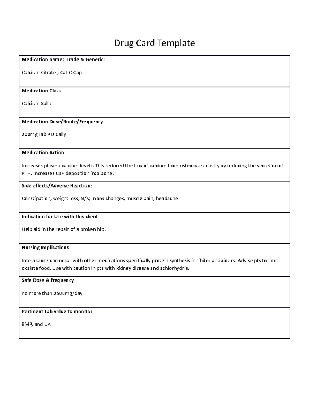 Calcium Citrate drug card Drug Card Template Medication name Trade