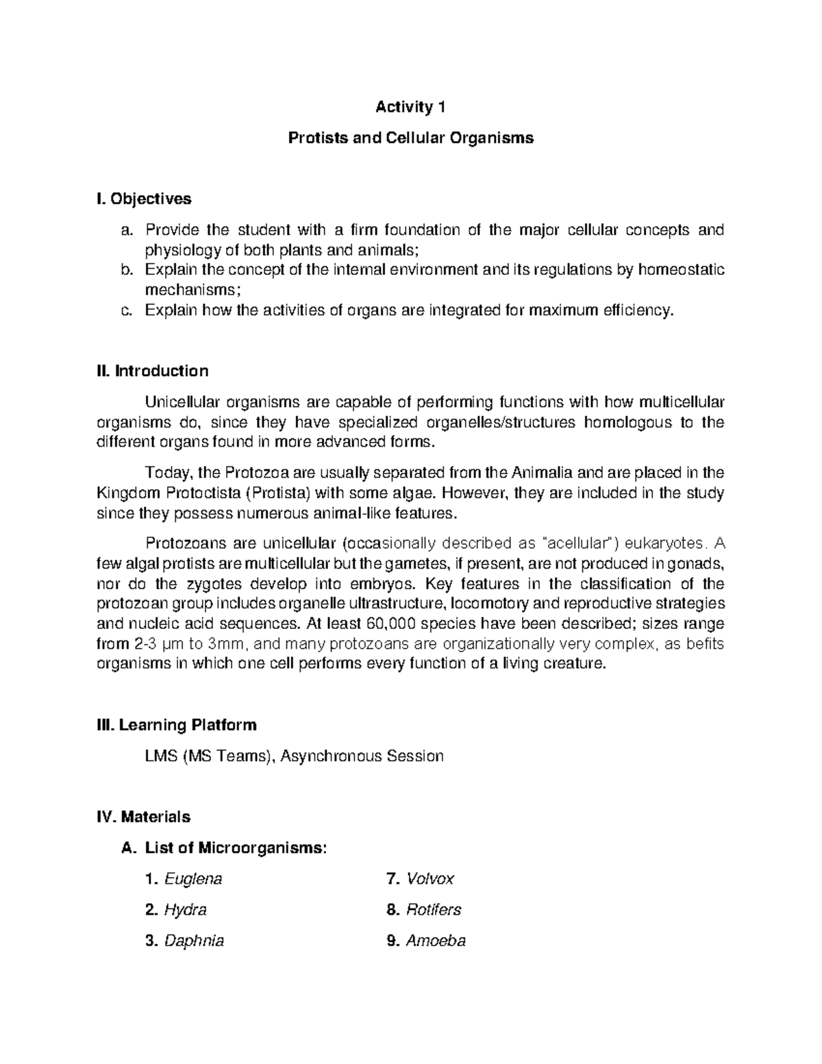 Activity 1 Protists and Cellular Organisms - Objectives a. Provide the ...