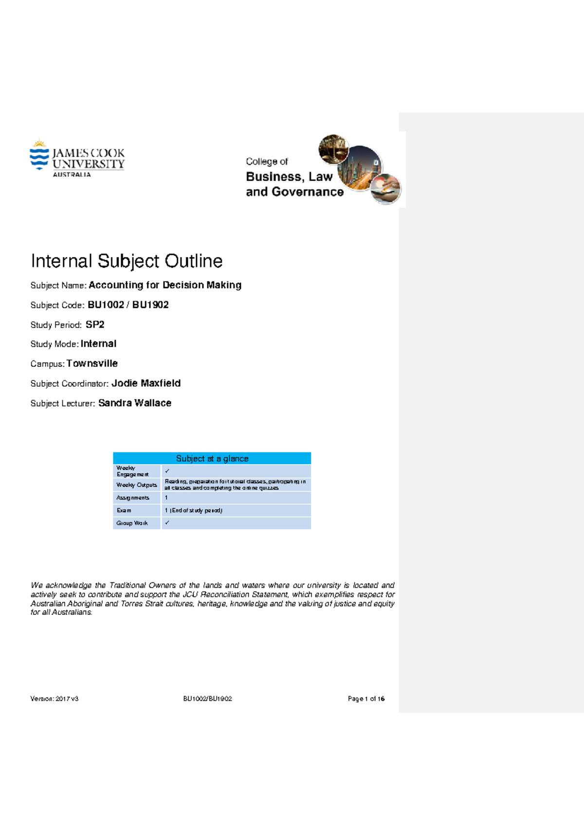 BU1002 BU1902 Subject Outline TSV SP2 2017 - Warning: TT: Undefined ...