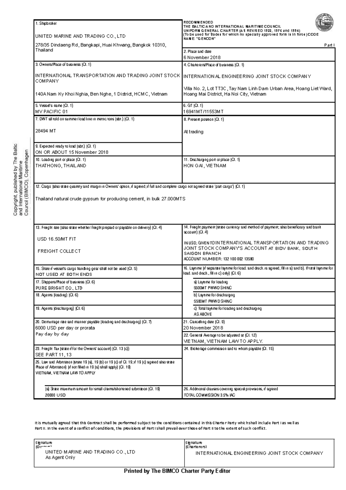 Gencon 94 Charter Party Signature (Charterers) Signature (Owners