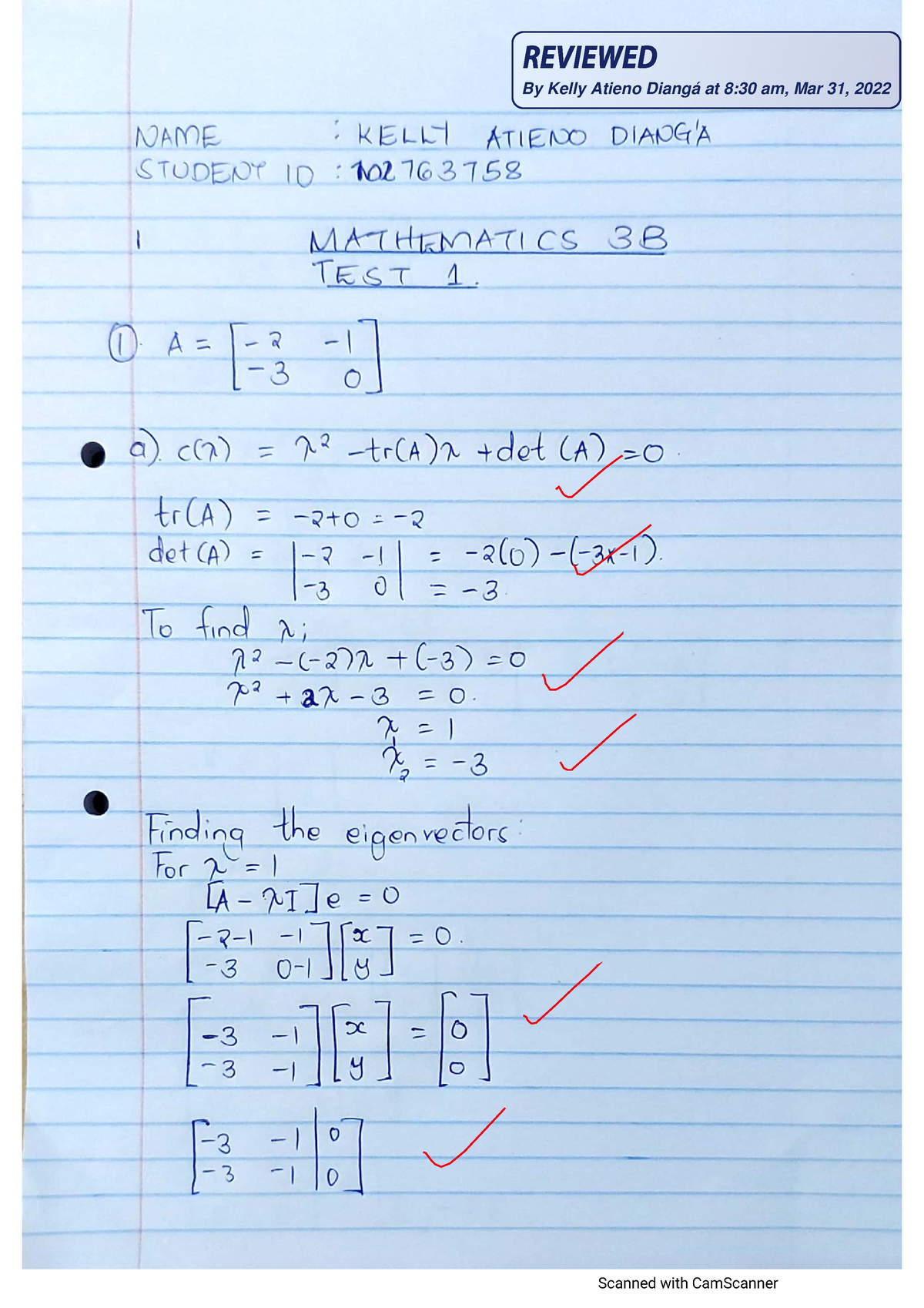 Annotated-Test1 - TEST 1 2023 S1 ANSWERS - Mathematics 3B - Studocu