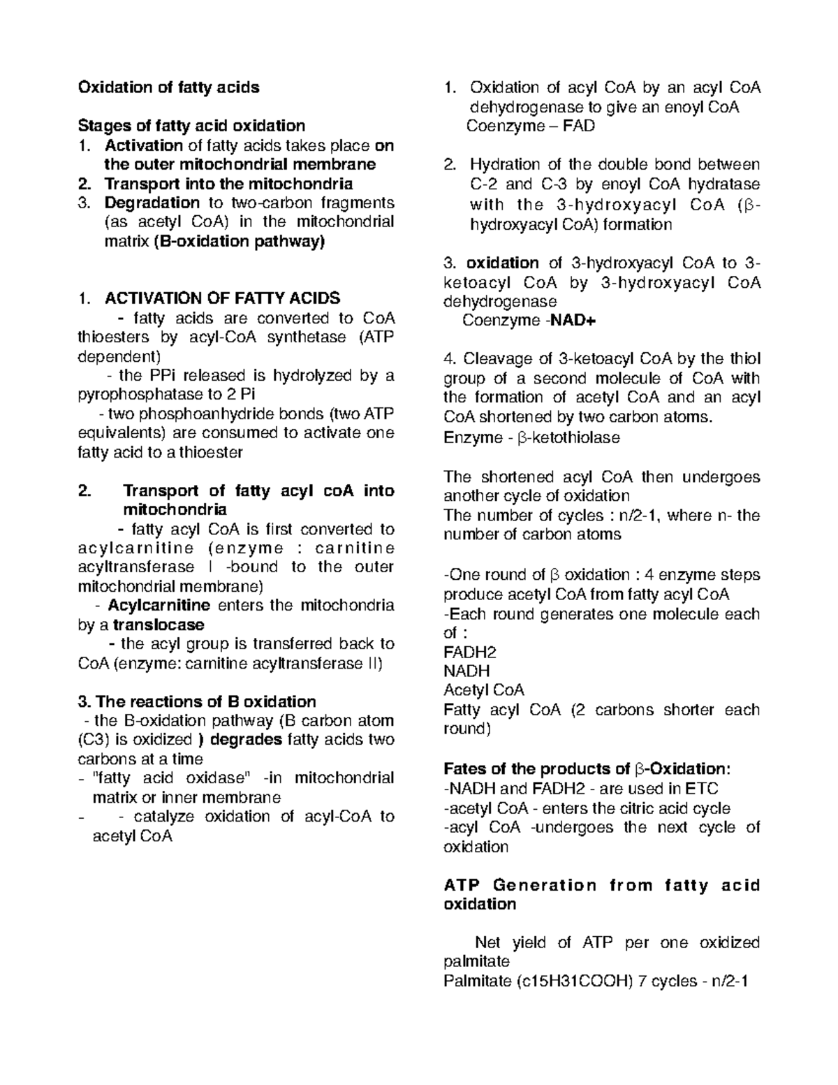 Oxidation of Fatty Acid - Oxidation of fatty acids Stages of fatty acid ...