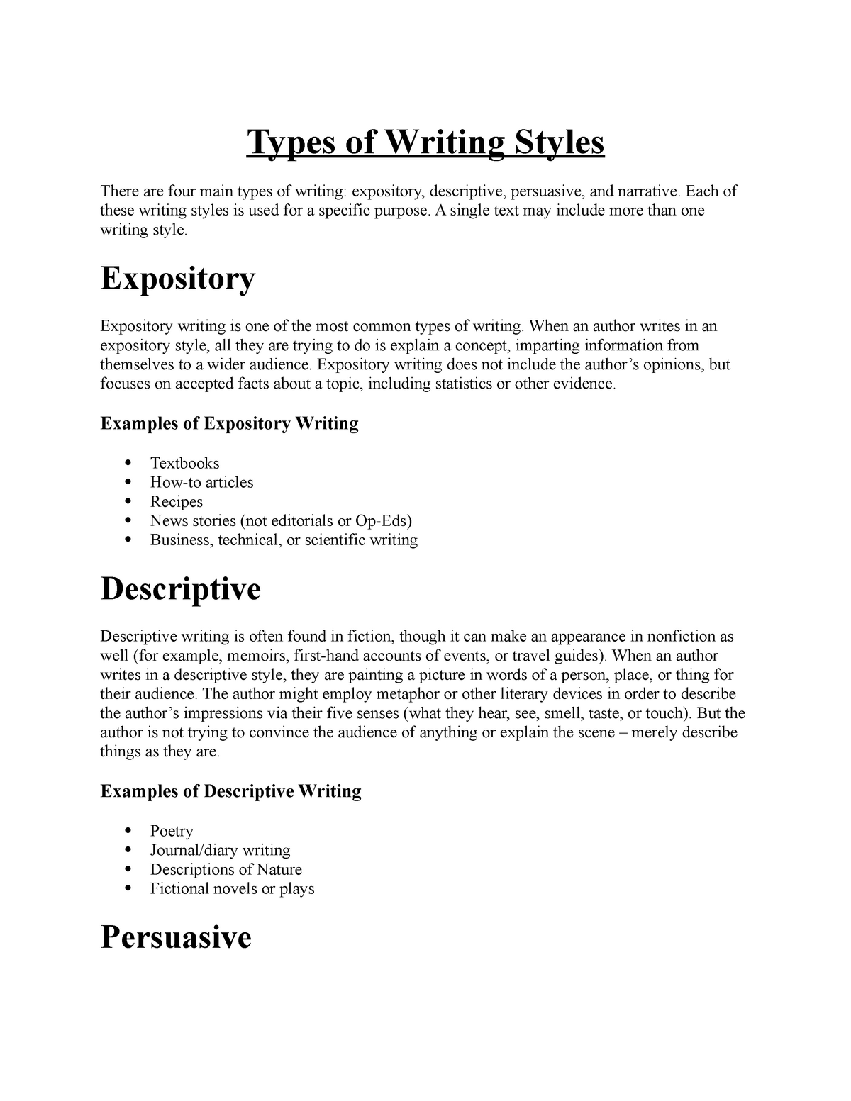 Types Of Writing Styles Types Of Writing Styles There Are Four Main 