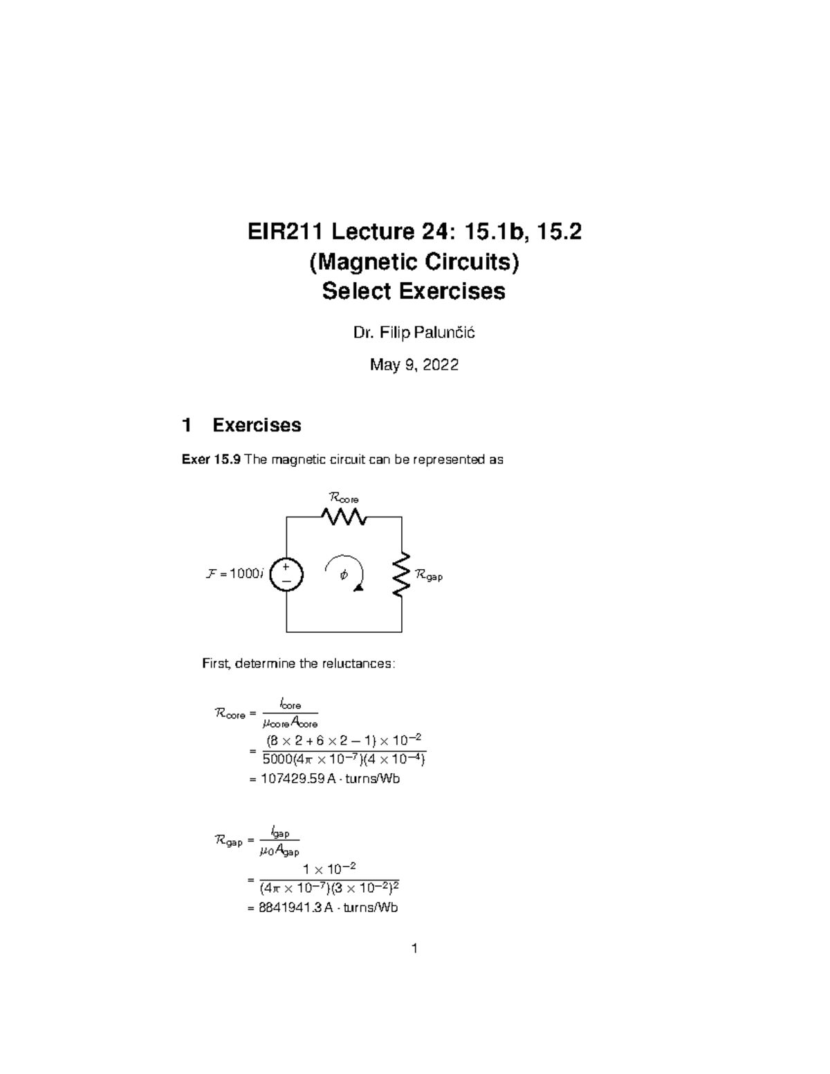 EIR211 L24 Exercise Solutions - EIR211 Lecture 24: 15, 15. (Magnetic ...