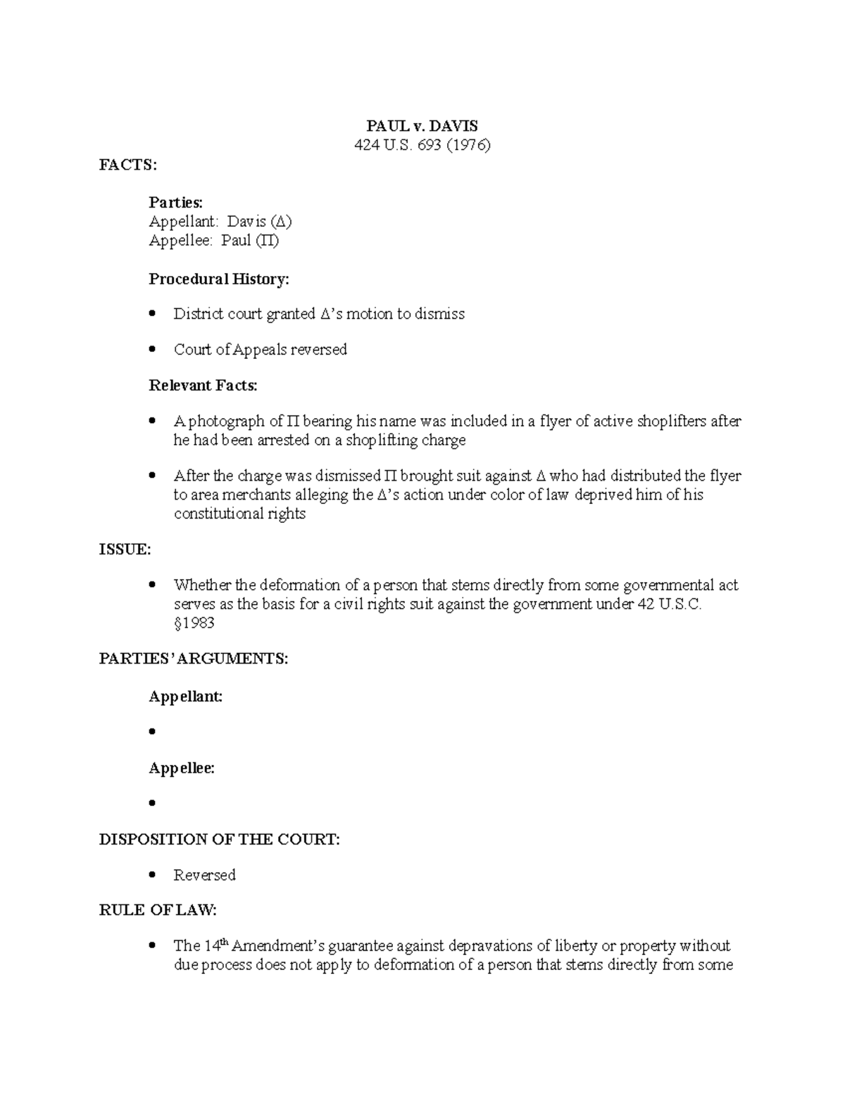 Paul v. Davis Lecture notes 17 PAUL v. DAVIS 424 U. 693 (1976