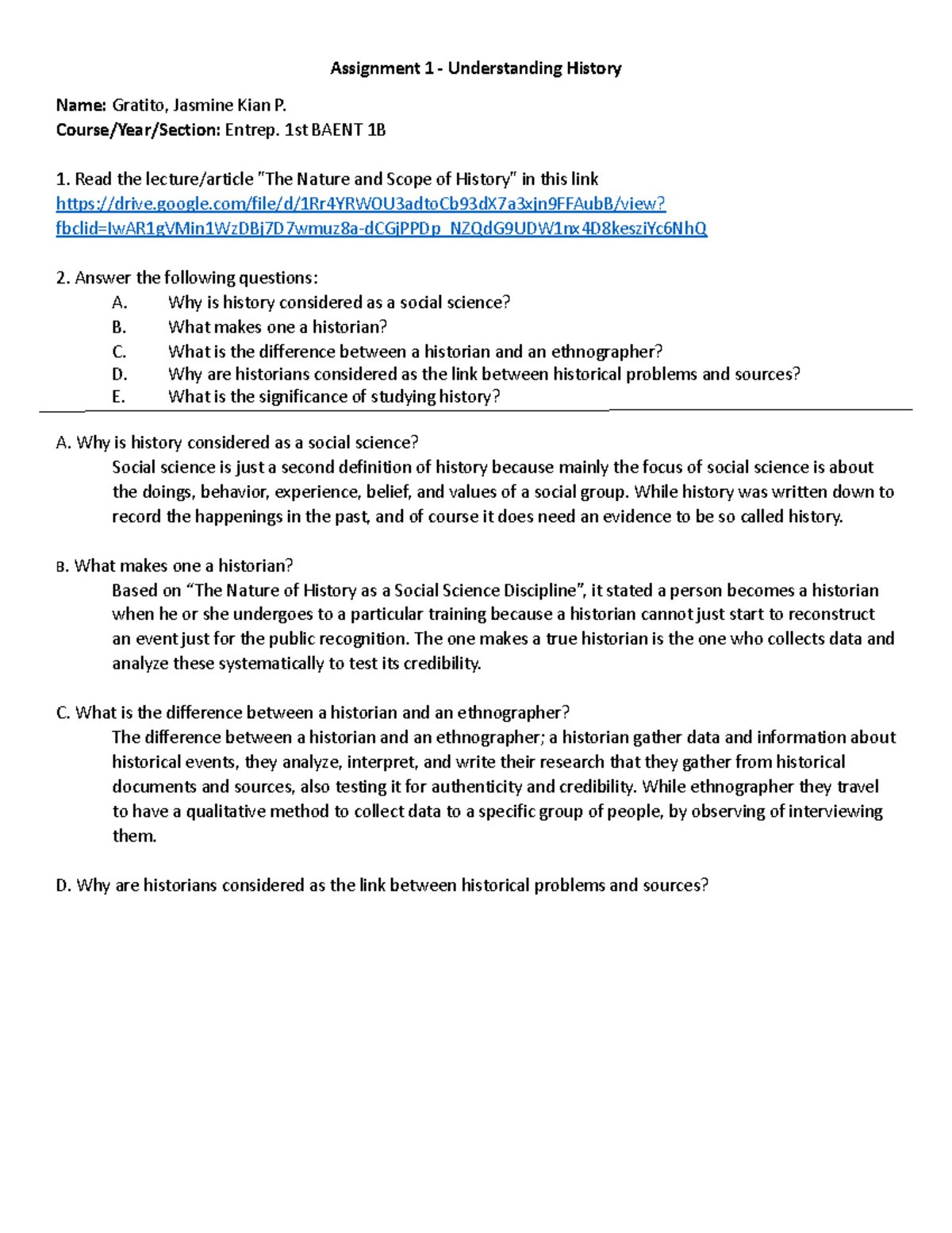 RIPH ASSIGNMENT - Assignment 1 - Understanding History Name: Gratito ...