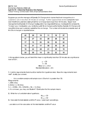 Lab Ch 11 Inf Stat Two Sample - MATH 1342 Name Syed Abdulwahid ...