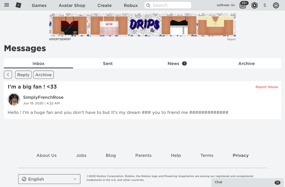 (13) Messages - Roblox - Reply Archive Messages ADVERTISEMENT Report ...