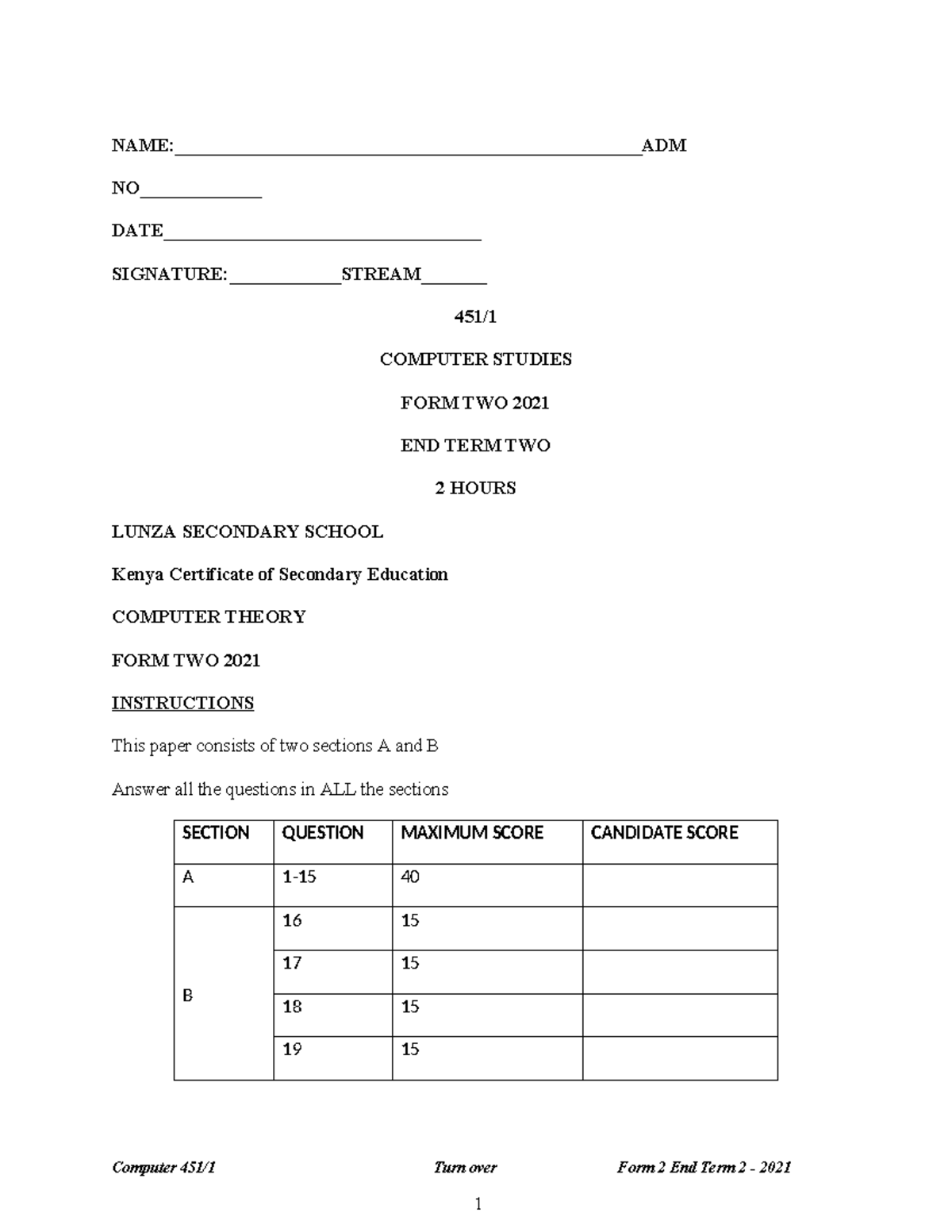 Computer Studies F2 QS - form two question paper - - Studocu