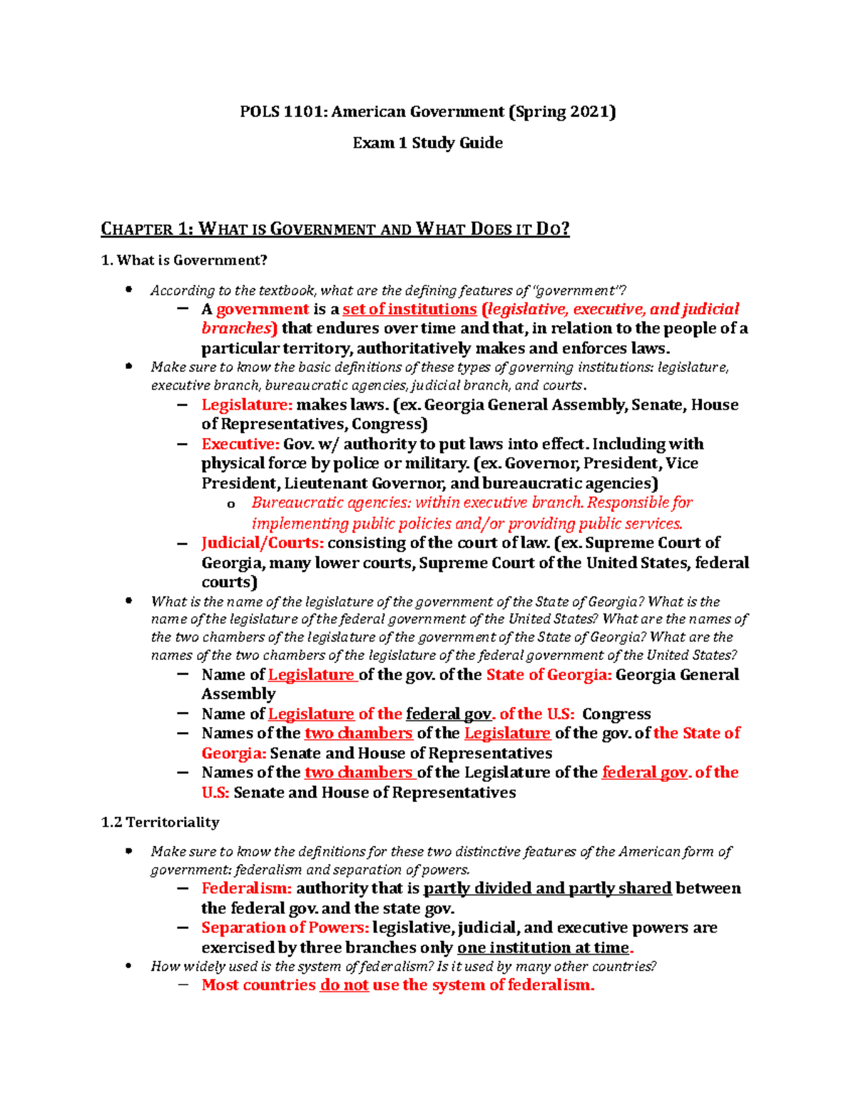 POLS 1101 S21 Exam 1 Study Guide - POLS 1101: American Government ...