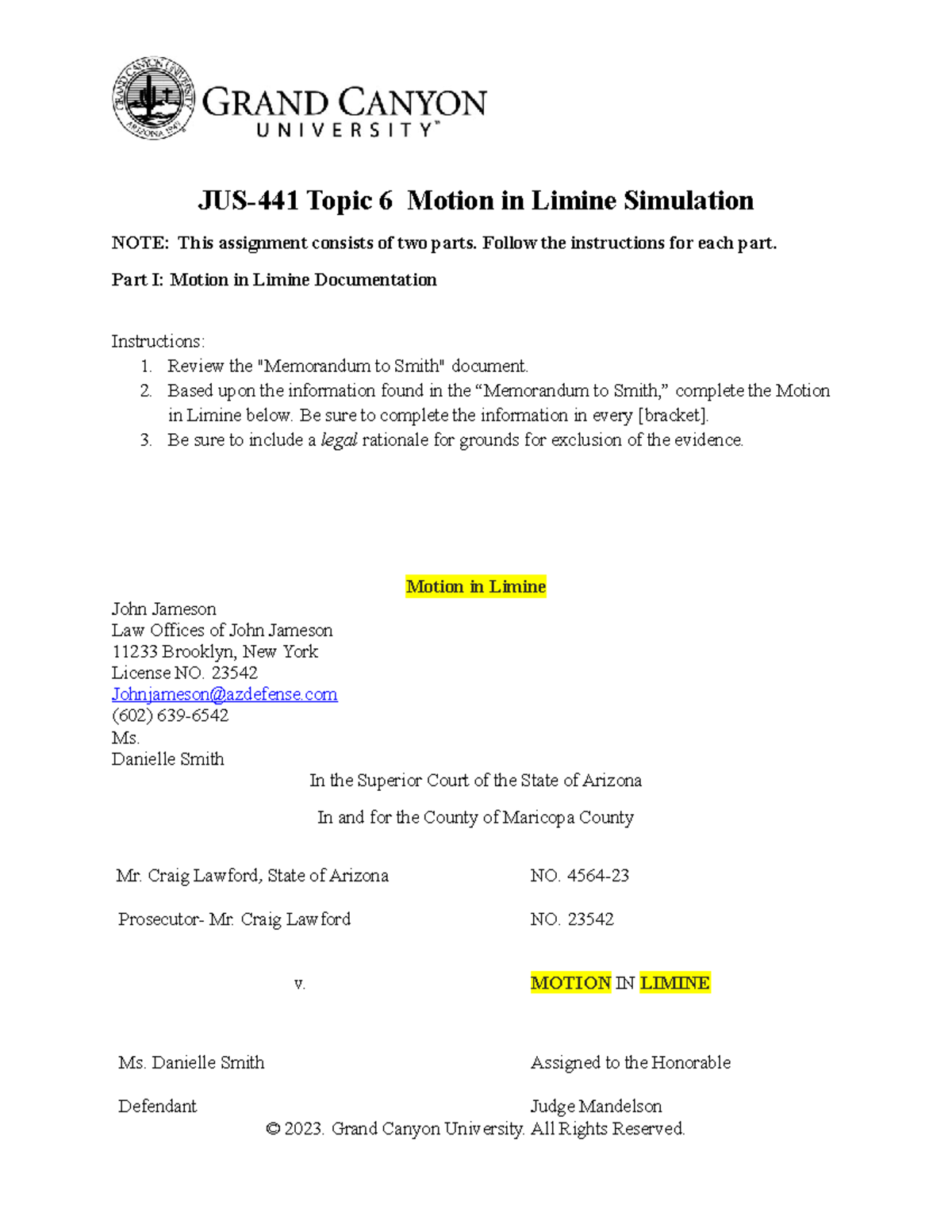 JUS441 Motion in Limine JUS441 Topic 6 Motion in Limine Simulation