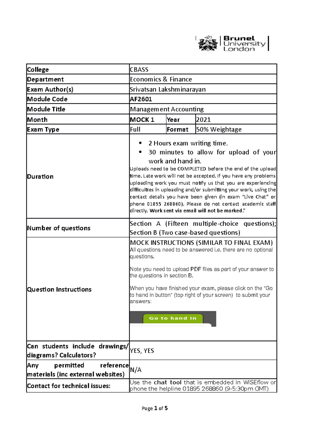 AF2601 Management Accounting Mock exam Paper 1 College CBASS