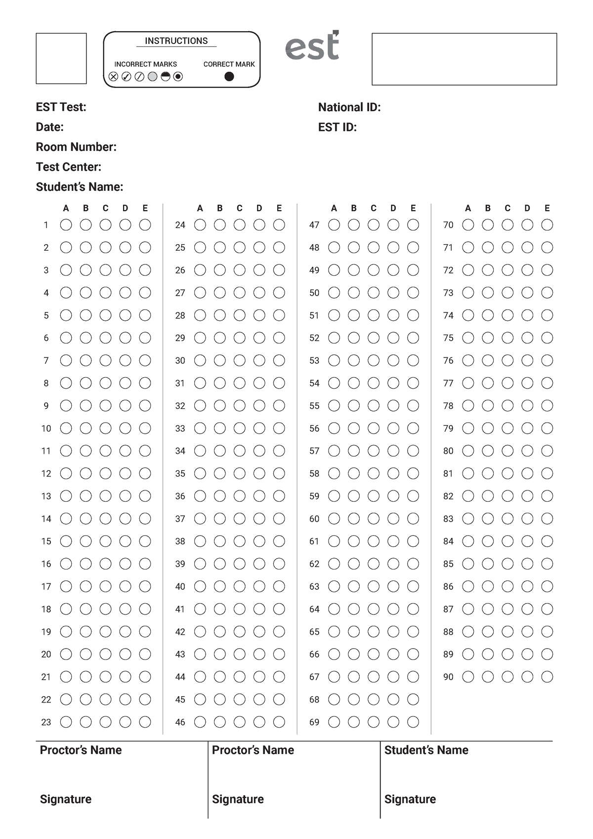 EST II Bubble Sheet - PDF Sample - EST Test: Date: Room Number: Test ...