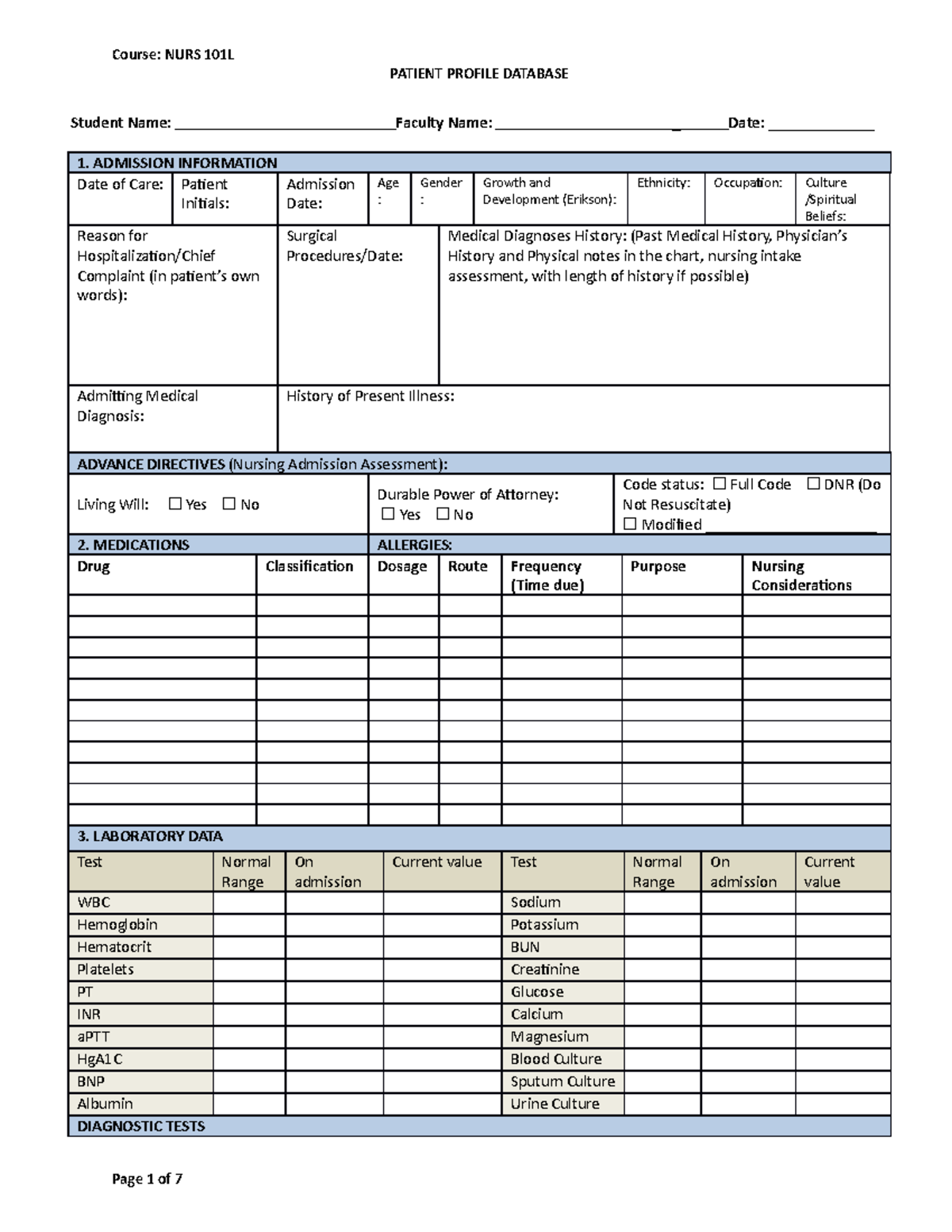 N101L Patient Profile Database Form - PATIENT PROFILE DATABASE Student ...