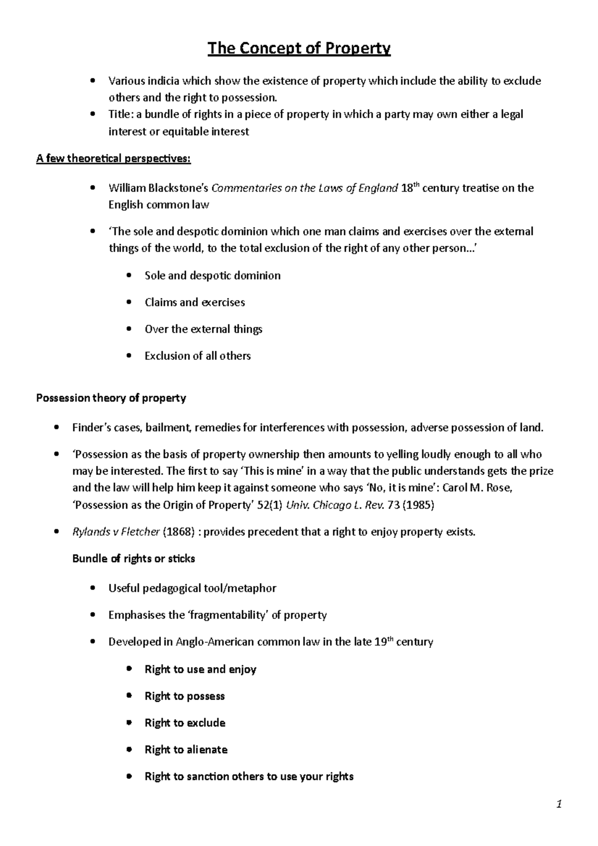 Property Law Exam Notes - The Concept of Property Various indicia which ...