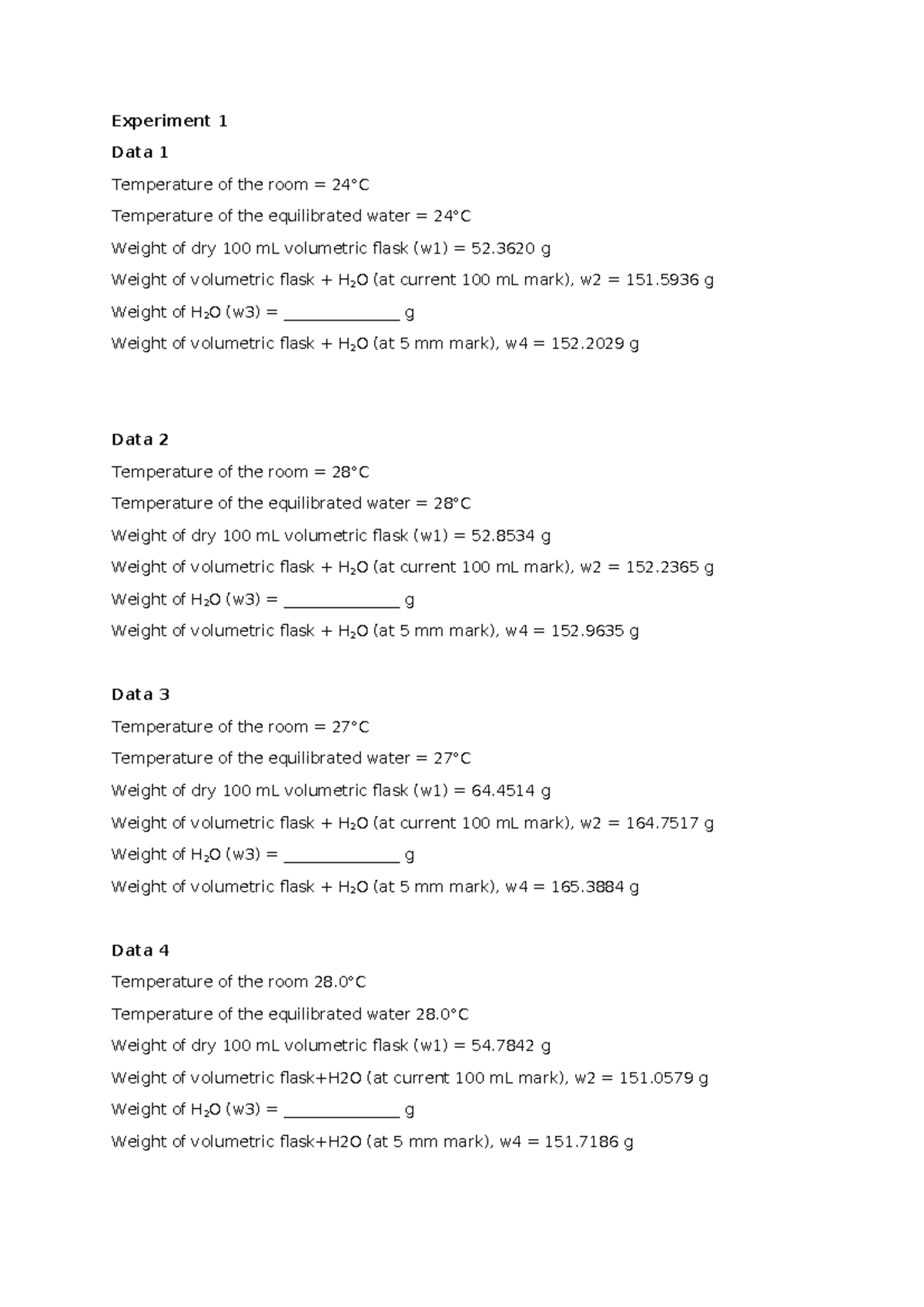 Data expt. 1 - Data - Experiment 1 Data 1 Temperature of the room = 24 ...