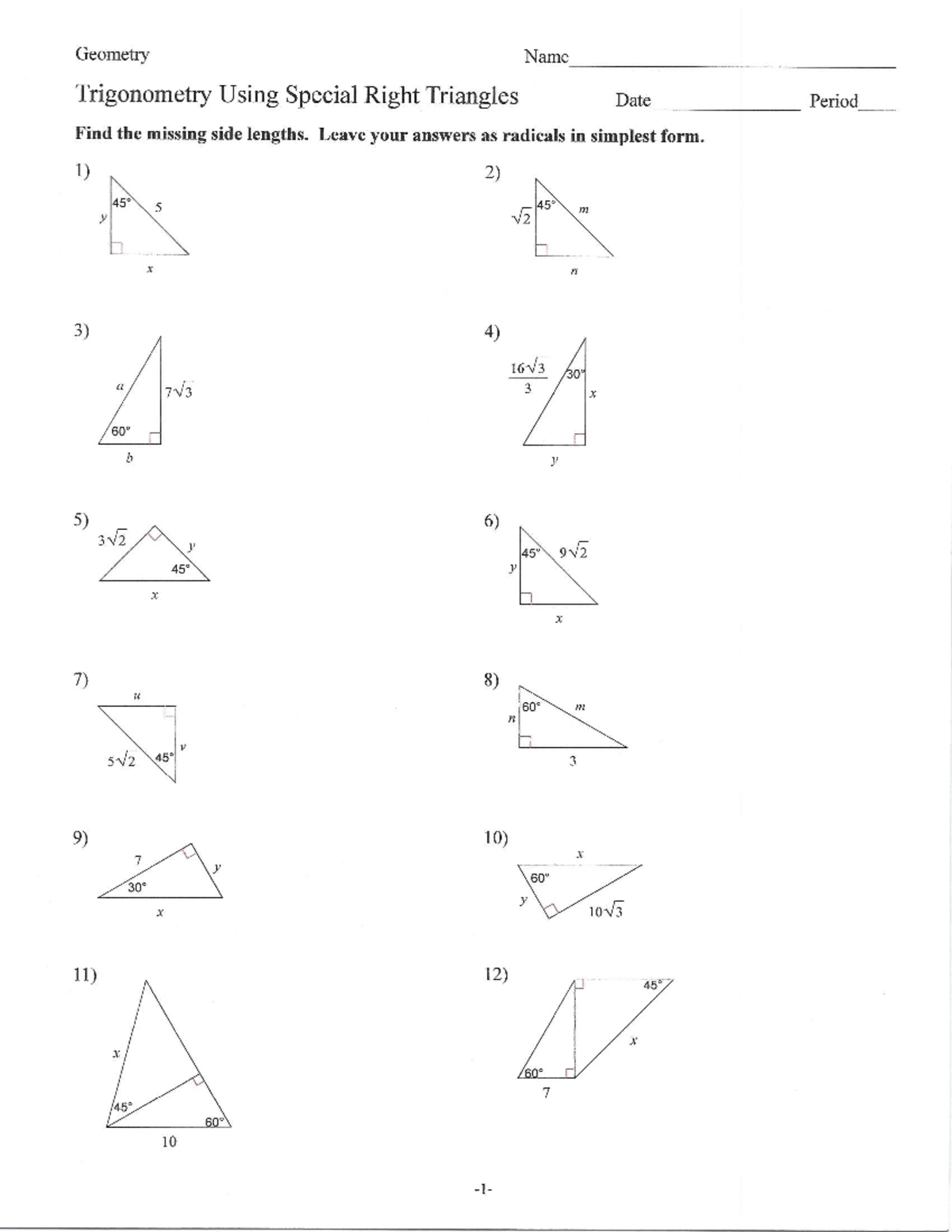 Trigonometry Using Special Right Triangles - Studocu