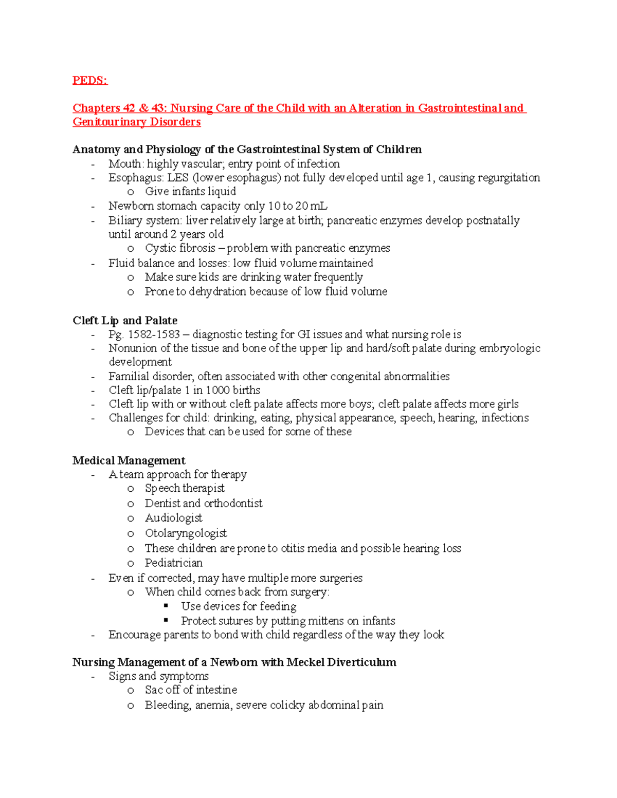 Peds OB Final Notes - Hicgcgckhckgci - PEDS: Chapters 42 & 43: Nursing ...
