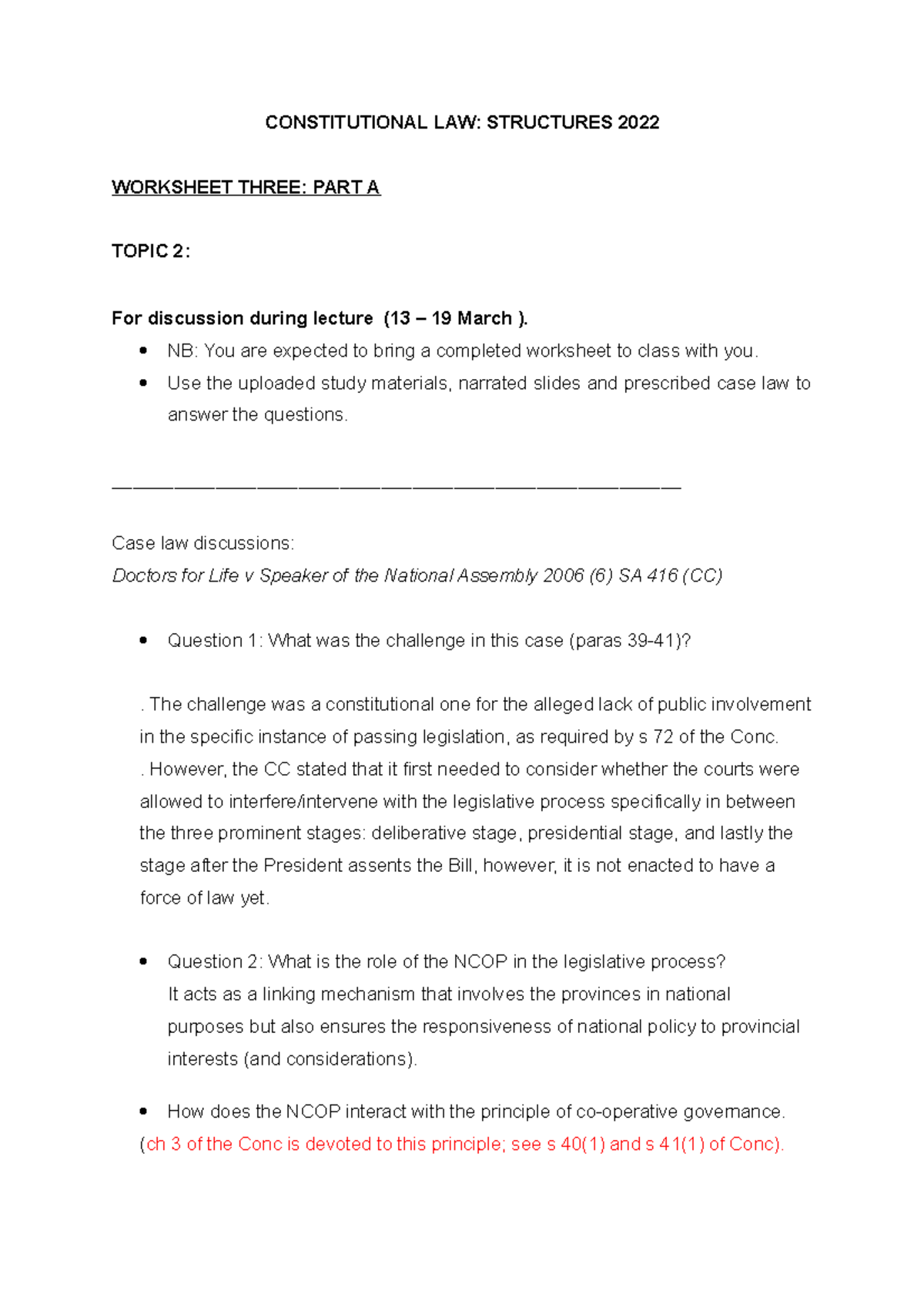 Woksheet 3; Topic 2 (2023) - CONSTITUTIONAL LAW: STRUCTURES 2022 ...