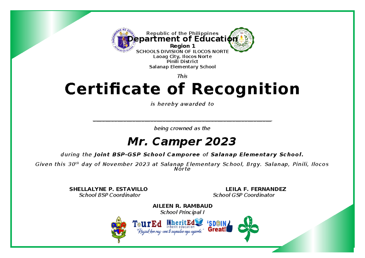 Cert for winners Republic of the Philippines Department of Education Cert for winners Republic of the Philippines Department of Education
