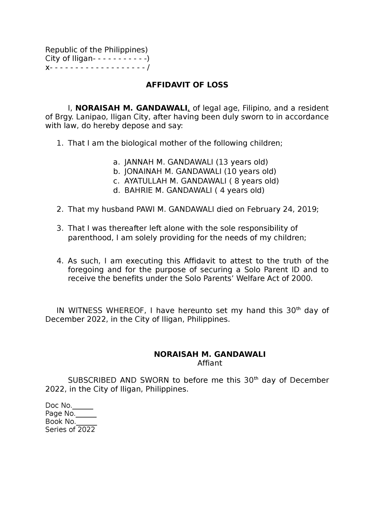 Affidavit for Solo Parent - Republic of the Philippines) City of Iligan ...