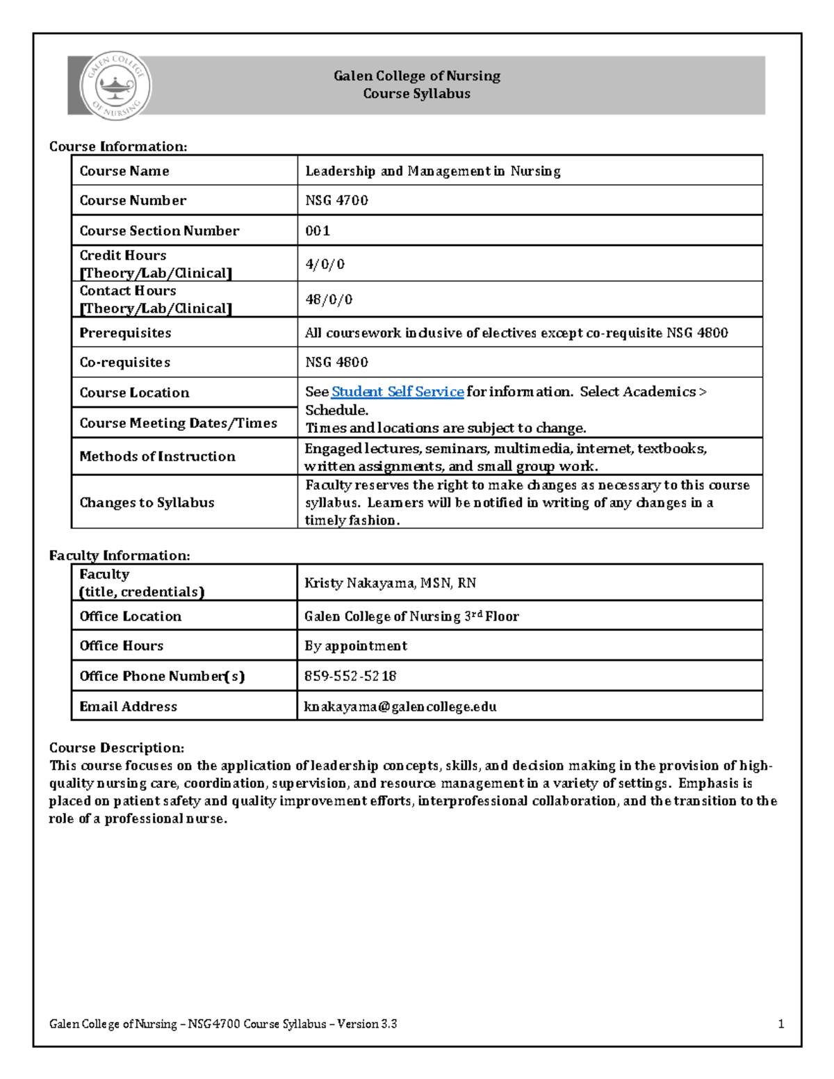 NSG 4700 Syllabus Version 3-3 Nakayama K 001 Winter 2023 - Galen ...