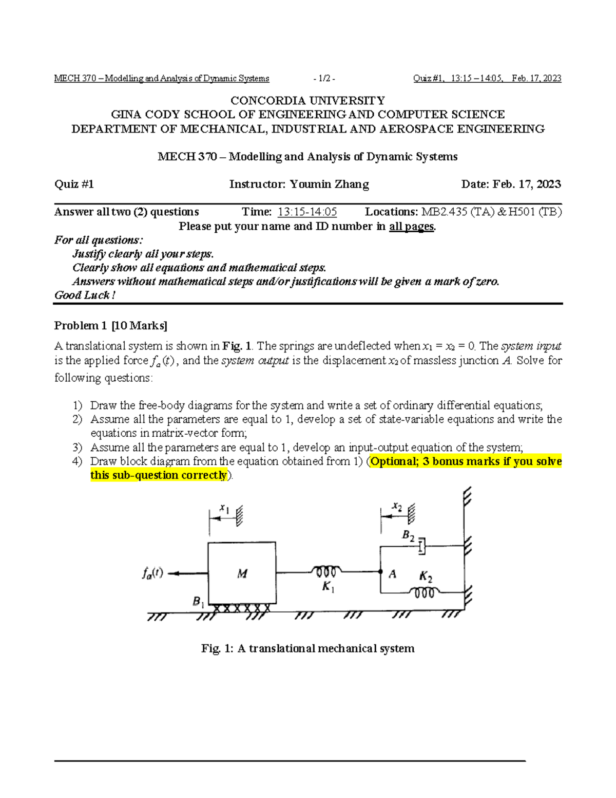 MECH370 Quiz1 Mech 370 quiz 1 solution CONCORDIA UNIVERSITY GINA