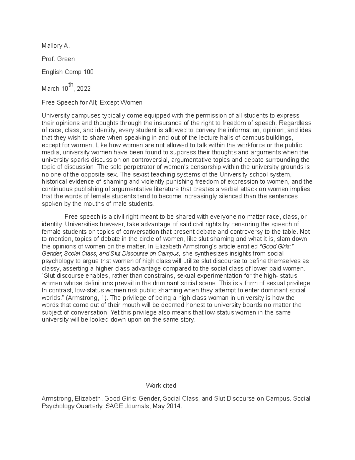 Rough draft 2 - Mallory A. Prof. Green English Comp 100 March 10 th ...
