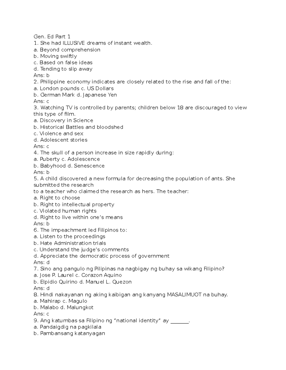 Gen ed review - notes - Gen. Ed Part 1 She had ILLUSIVE dreams of ...