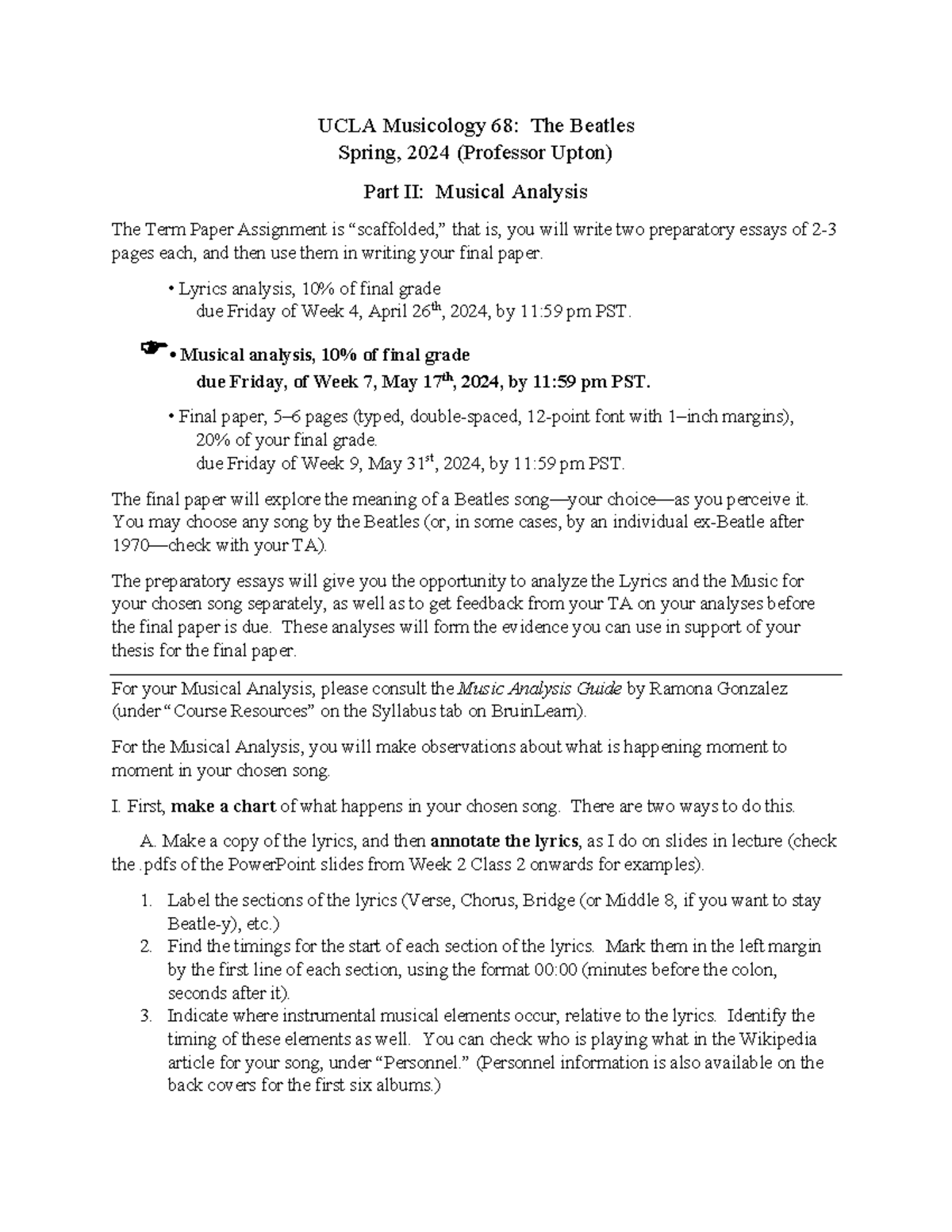 Musical Analysis UCLA Musicology 68 The Beatles Spring, 2024