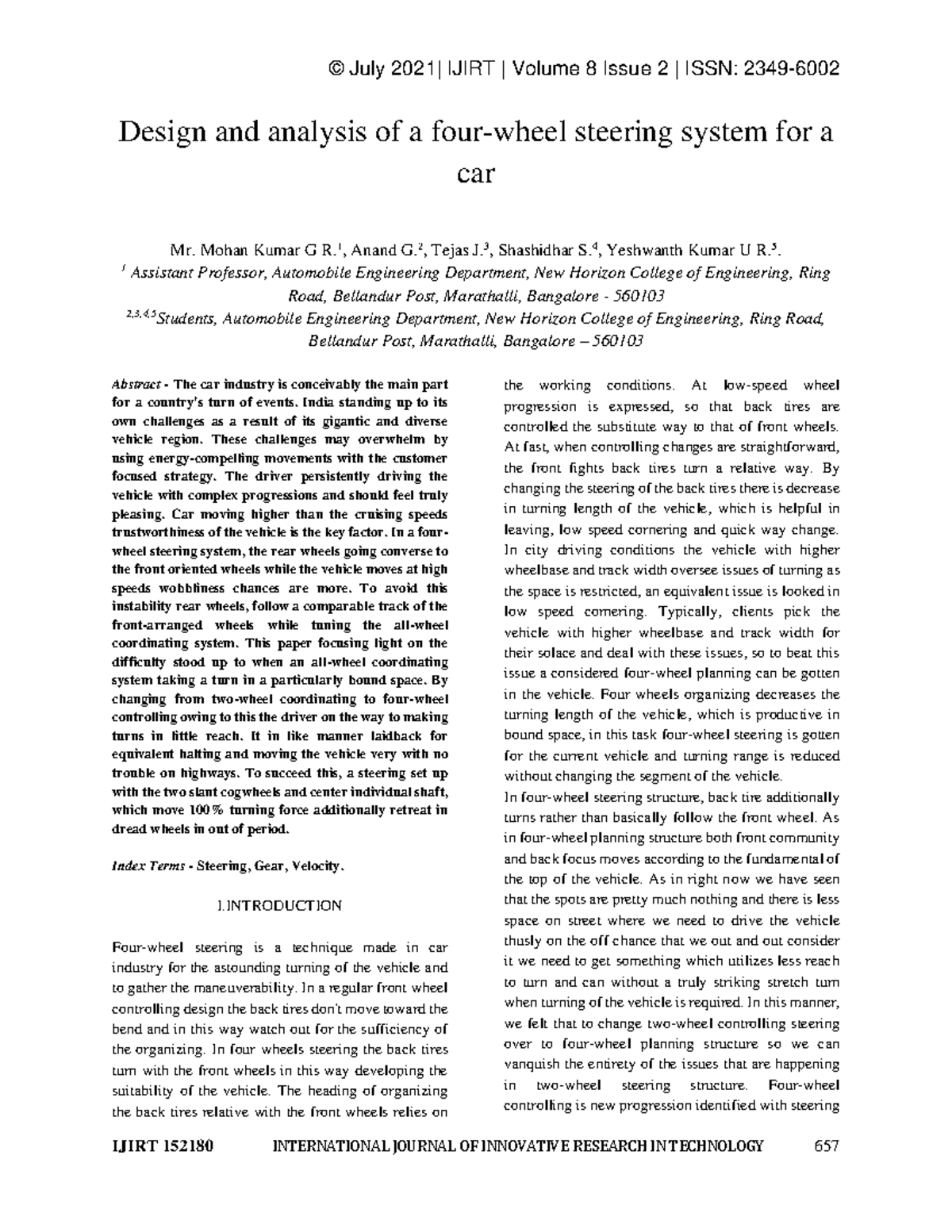 Ijirt 152180 Paper - Design and analysis of a four-wheel steering ...