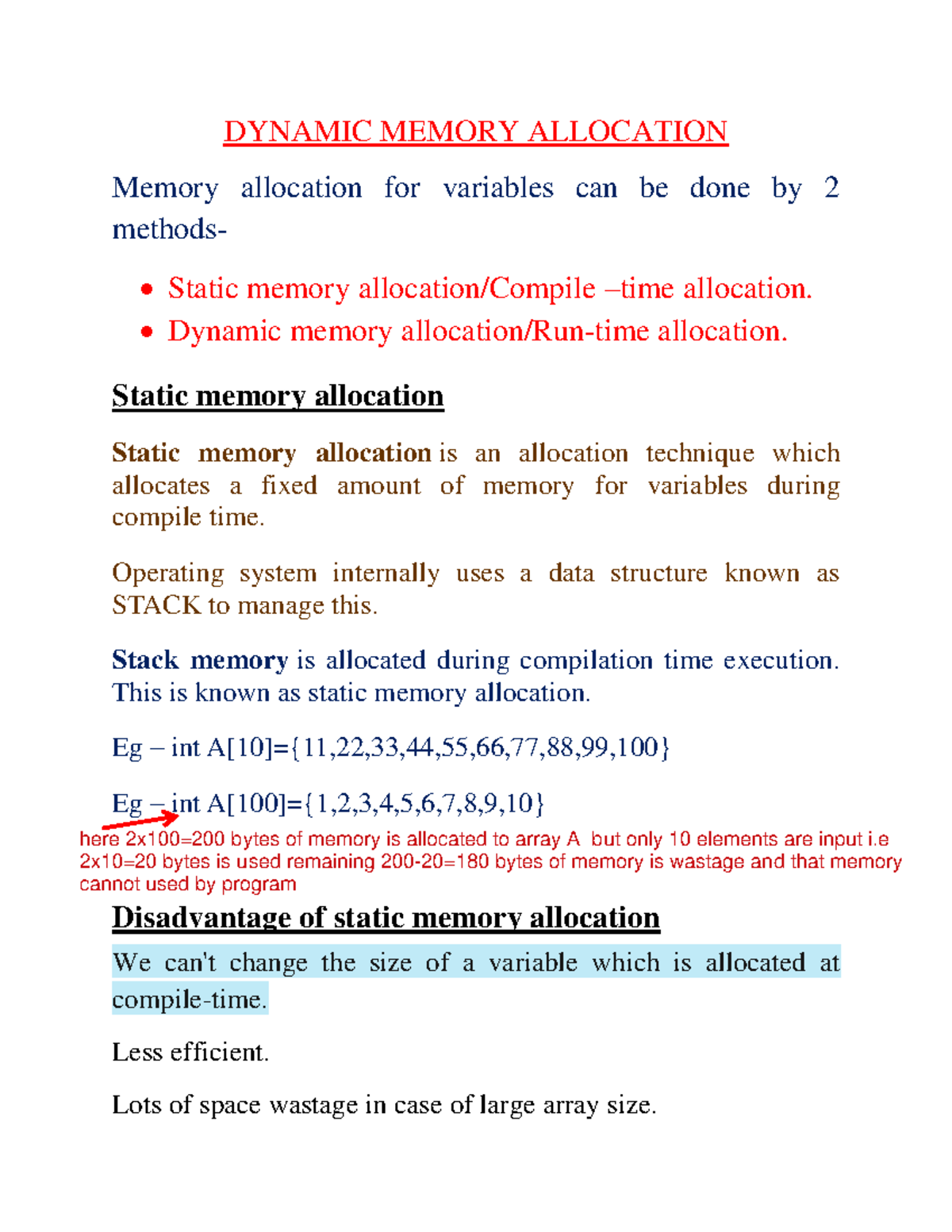 Dynamic memory allocation - DYNAMIC MEMORY ALLOCATION Memory allocation ...