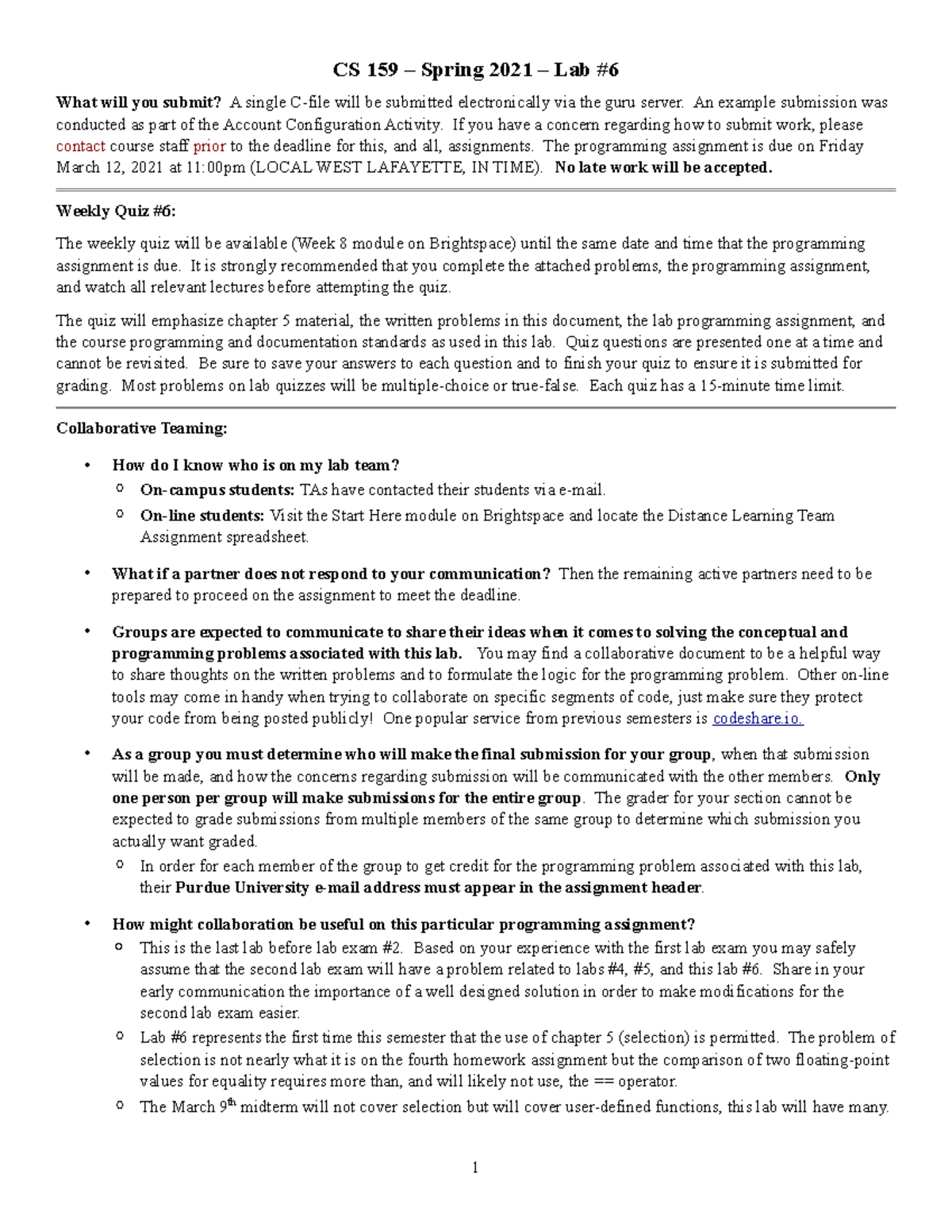 Lab06 - CS159 Lab 6 True Or False Questions - CS 159 – Spring 2021 ...