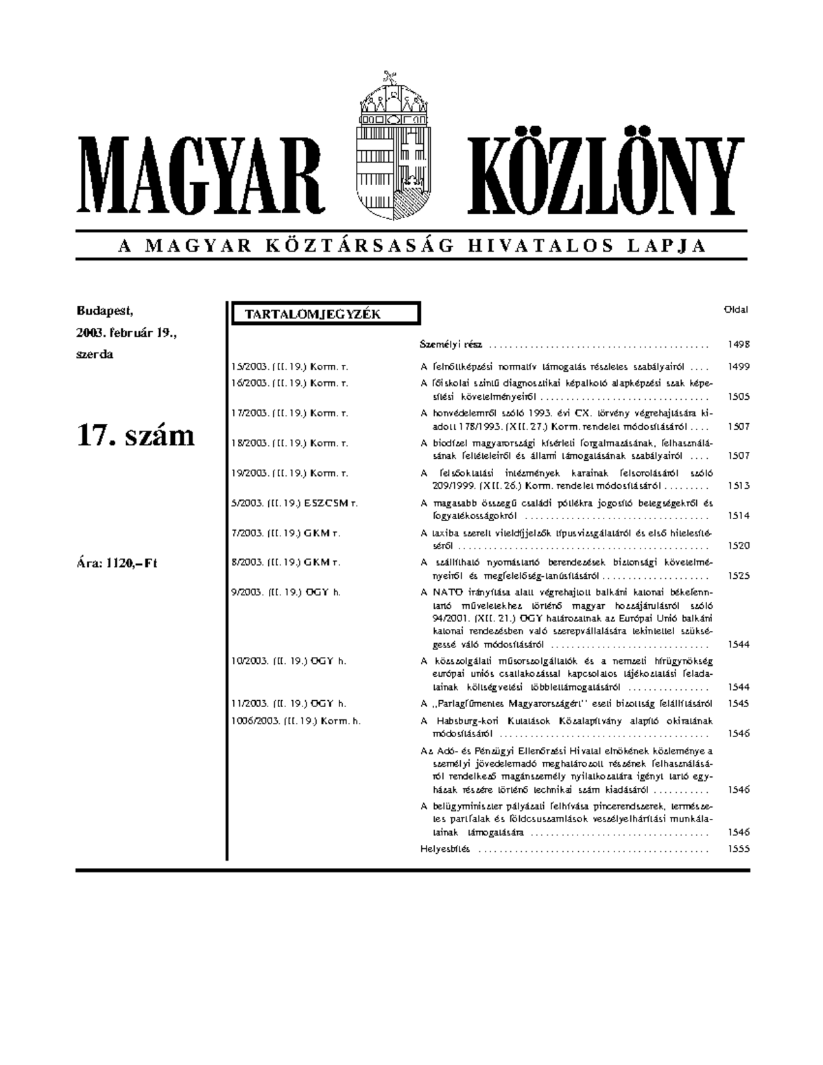 Magyar Közlöny minta (03 017) - A M A G Y A R K Ö Z T Á R S A S Á G H I ...