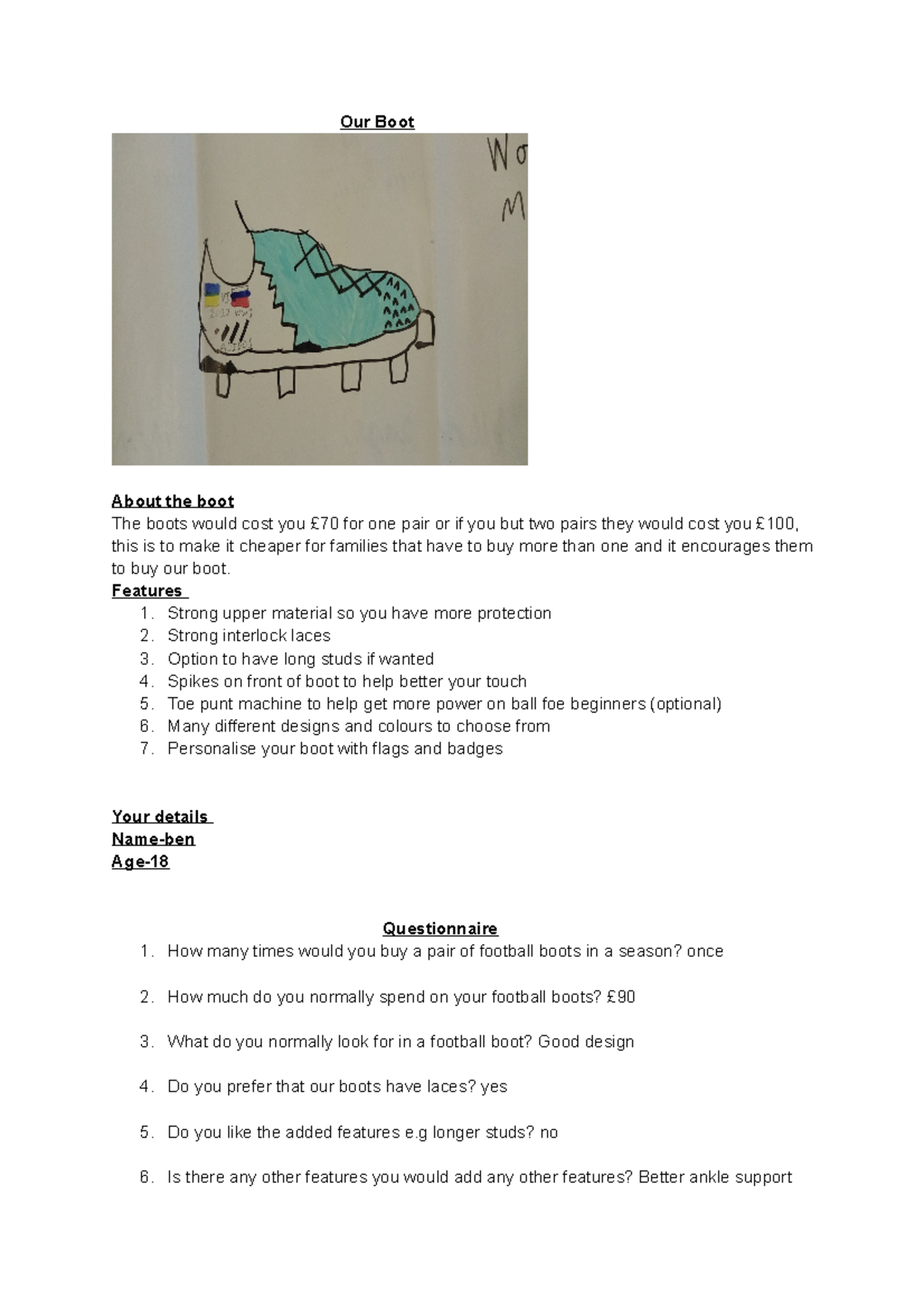 Questionnaire bus Our Boot About the boot The boots would cost you