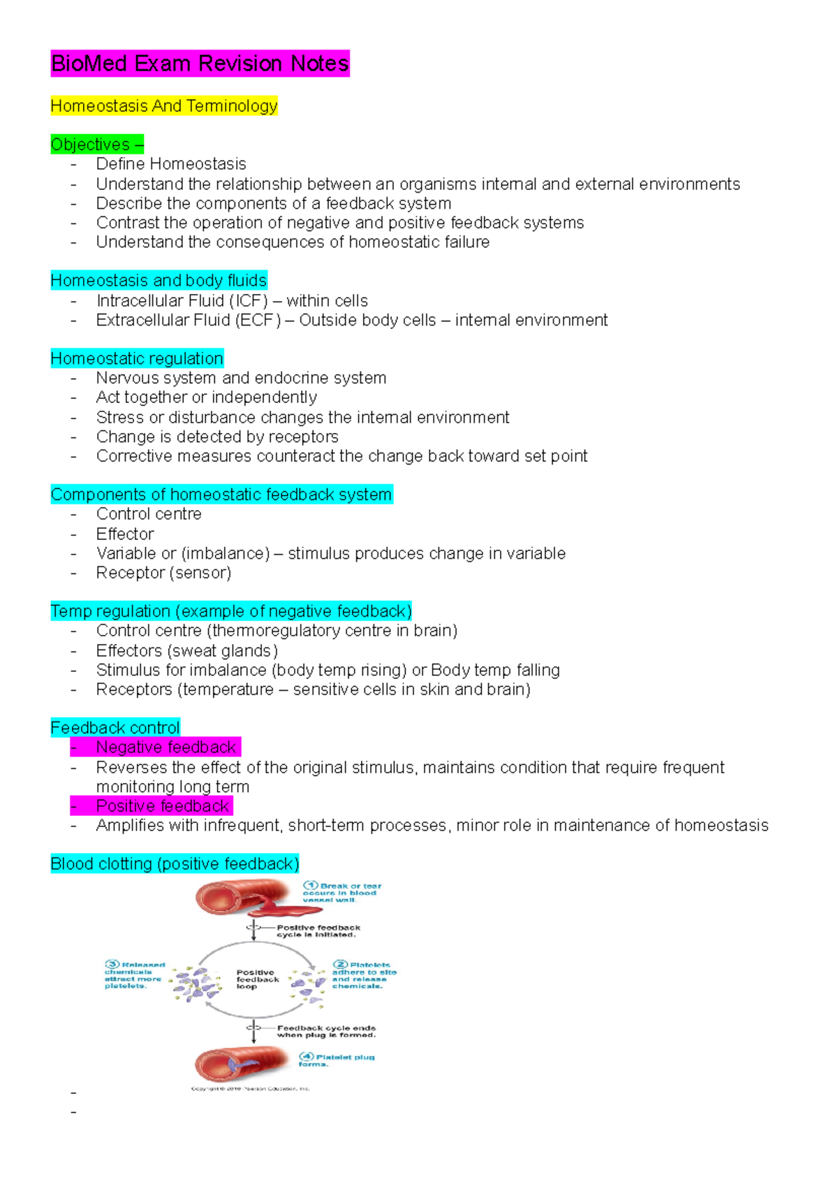 Bio Med Exam Revision Notes - BioMed Exam Revision Notes Homeostasis ...