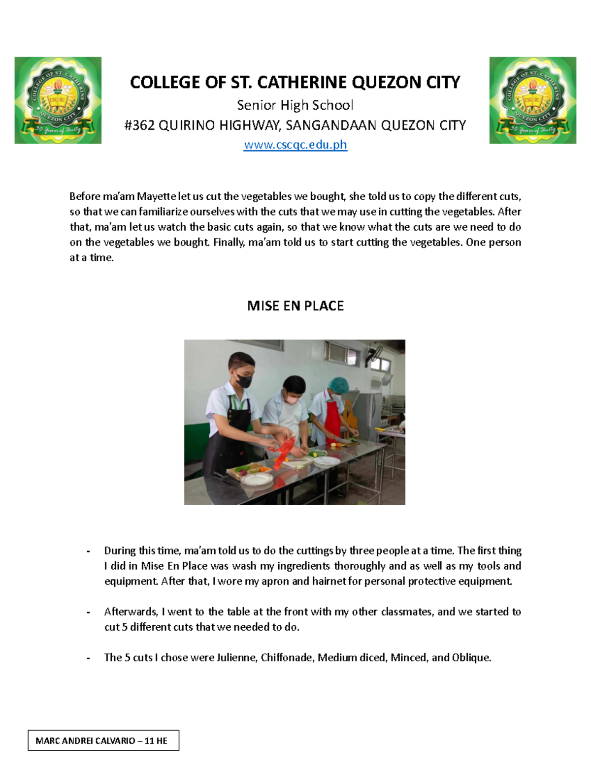 Cookery- Report - .... - COLLEGE OF ST. CATHERINE QUEZON CITY Senior ...